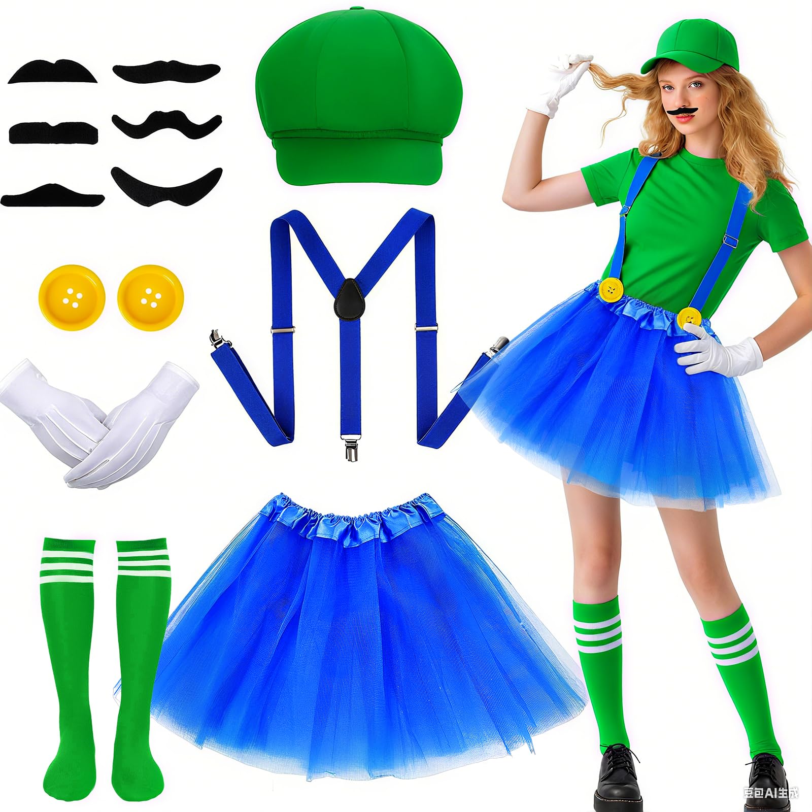 14PCS Super Bros Costume Set for Women, Plumber Fancy Dress Set with Green Hat Tutu Skirt Striped Sock Glove Strap Buttons Beard for Adult Halloween Carnival Cosplay Party (Green)