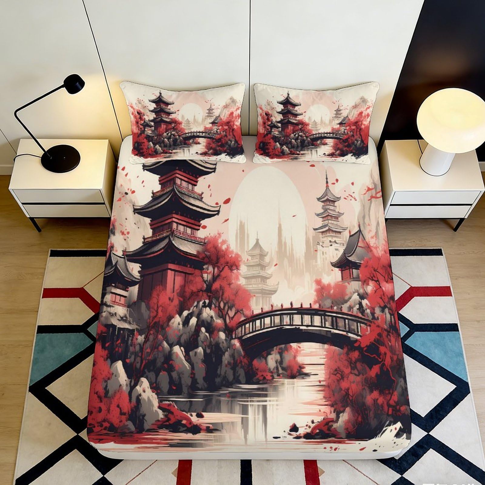 Pnayamiorkfel Style-9 3D Printed Japanese Garden Fitted Sheet Microfiber Red Pagoda Bed Cover For Bedroom Guest Room Decor 90X200x25cm