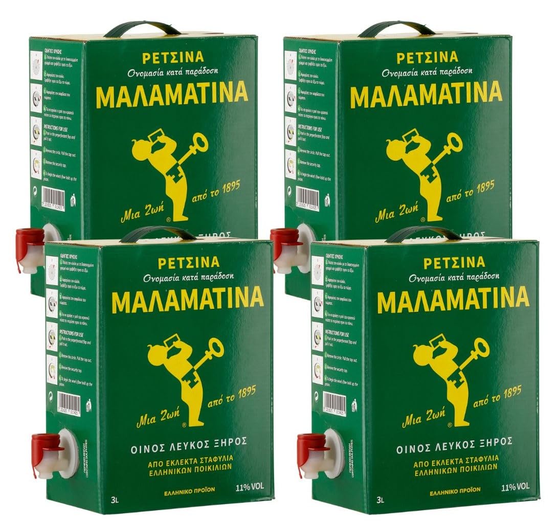 Retsina Malamatina 4x 3,0l Bag-in-Box | Geharzter Weißwein aus Griechenland | 11% Vol. | +20ml Jassas Olivenöl