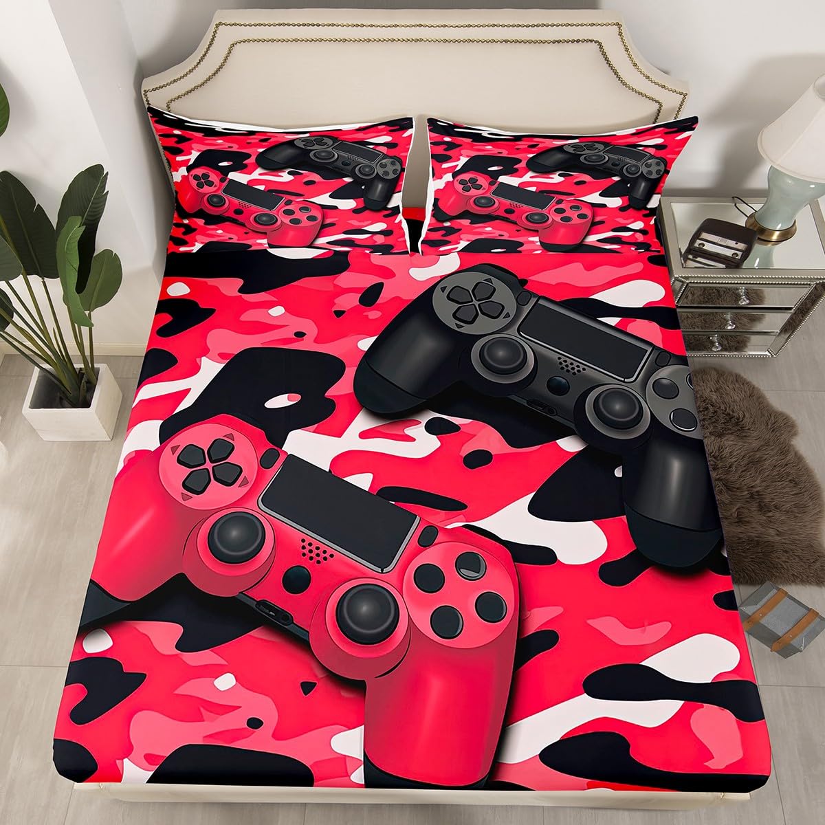 Homewish Gaming Fitted Sheet Gamer Bed Sheets Double,Black and Red Camouflage Camo Sheets Gamer Room Decor for Boys
