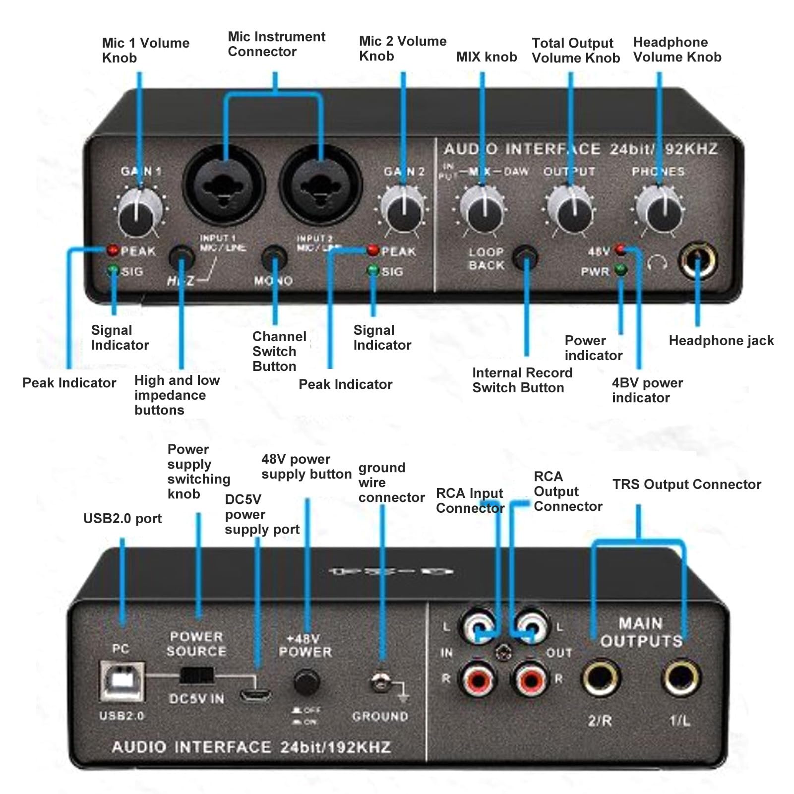 Interfaccia Audio con Alimentazione 48 V, 24 Bit 192 KHZ, Interfaccia Audio di Registrazione per Trasmissioni in Diretta, Registrazione Domestica, Produzione Musicale,
