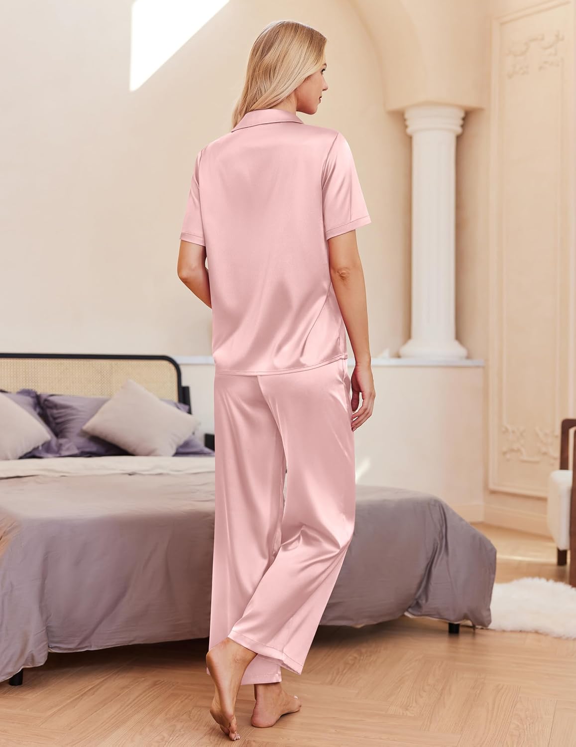 Ekouaer Silk Pajamas for Womens Set 2 Piece Satin Pjs Soft Button Down Sleepwear Wide Leg Long Pants with Pockets - Image 3