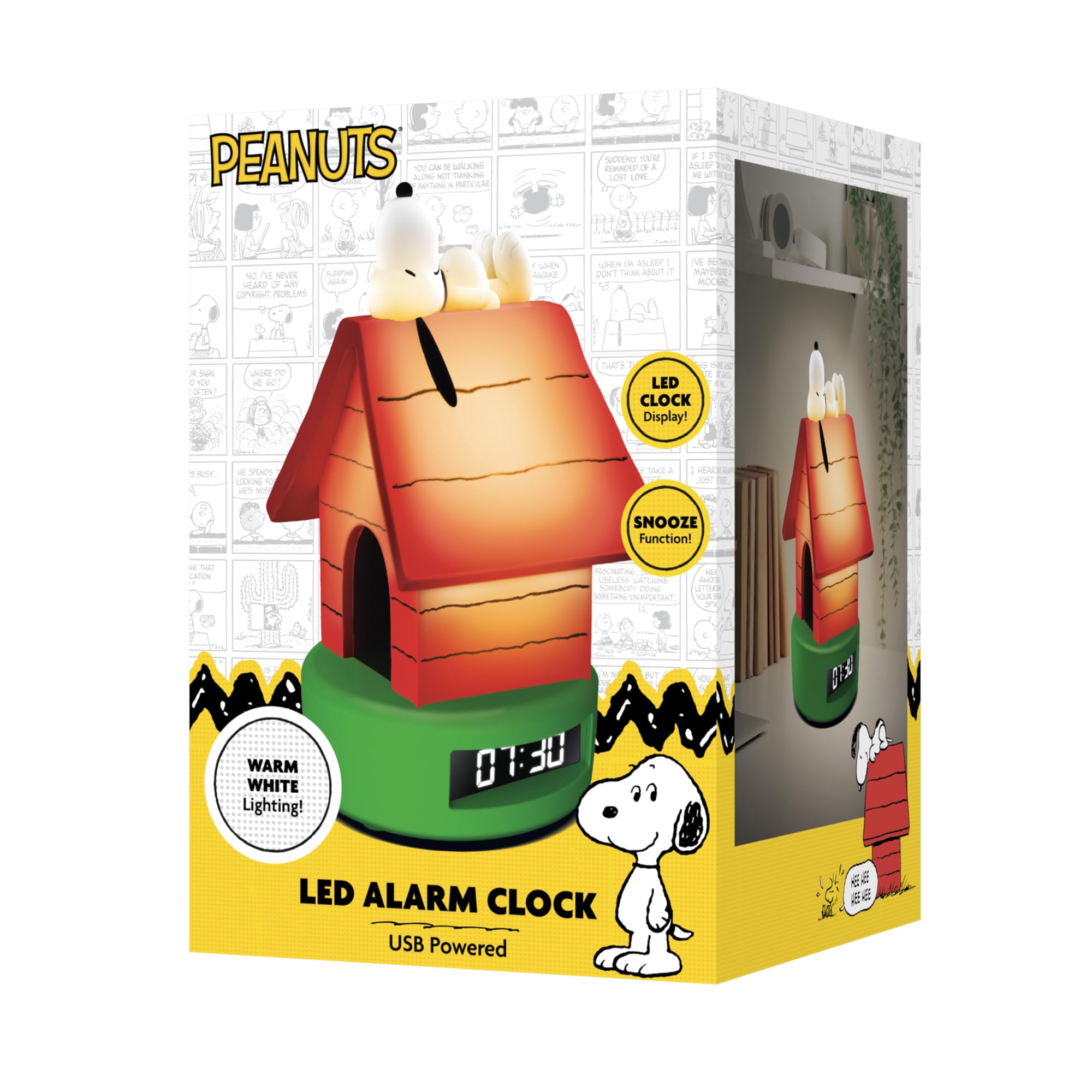 Peanuts Snoopy Doghouse - Reloj Despertador LED Digital Alimentado por USB con iluminación Blanca cálida, función de repetición y Pantalla LED