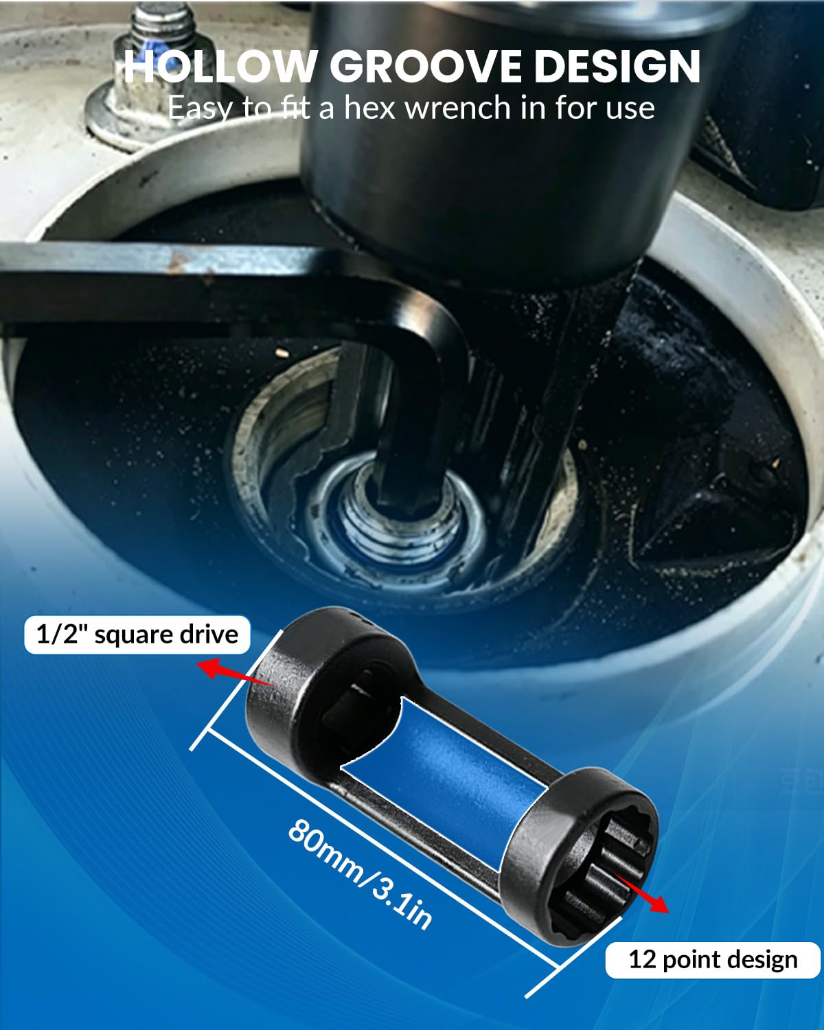 DPTOOL Enchufe de tuerca de puntal de 16 mm, 18 mm, 19 mm, 21 mm, 22 mm, 24 mm con 12 puntos, 1/2 ", enchufe esparcidor de puntal de suspensión, herramienta de amortiguador de 8 piezas