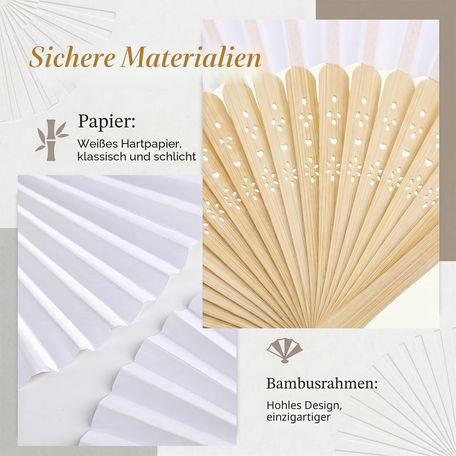 60 Stück Fächer Hochzeit, Handfächer Weiß Papier Fächer Hochzeitsfächer | Chinesische Fächer Taschenfächer Faltfächer Stofffächer für Hochzeit Party Geburttag DIY und Wand Dekoration