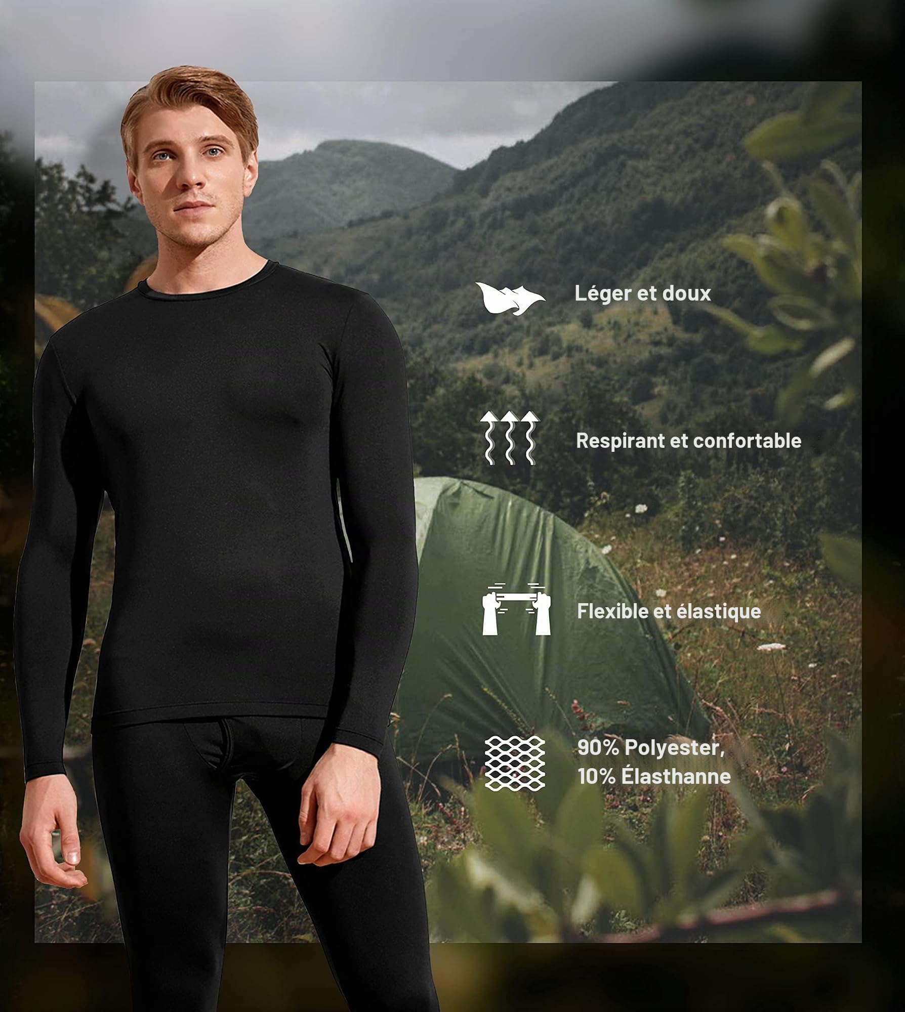 Ensemble sous-vêtements Thermiques Homme doublé Polaire léger Chaud Respirant Extensible Haut Manches Longues et Legging Hiver