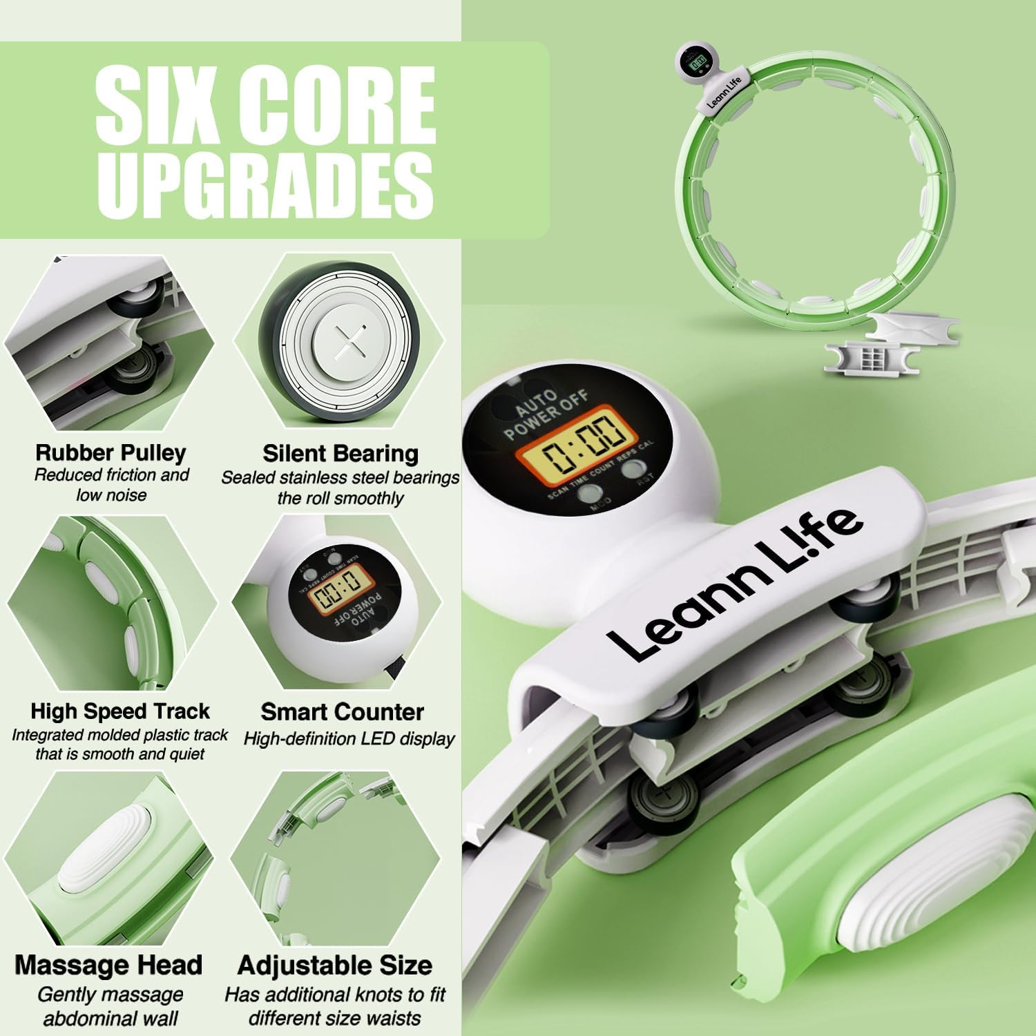 U5 Weighted Hoop (Green 16 Knots, 28”-46”) with Smart Counter + 52” Waist Trimmer & Wash Bag Bundle