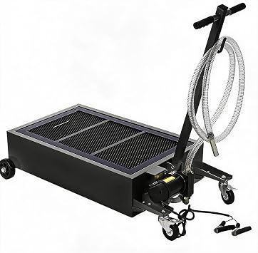 20 Gallon Low-Profile Oil Drain Pan Cart w/ 12V Electric Pump - Heavy-Duty Steel Leak-Proof Tank, 8 ft Hose, Collapsible T-Handle, Swivel Casters - 12V Black Upgraded Transparent