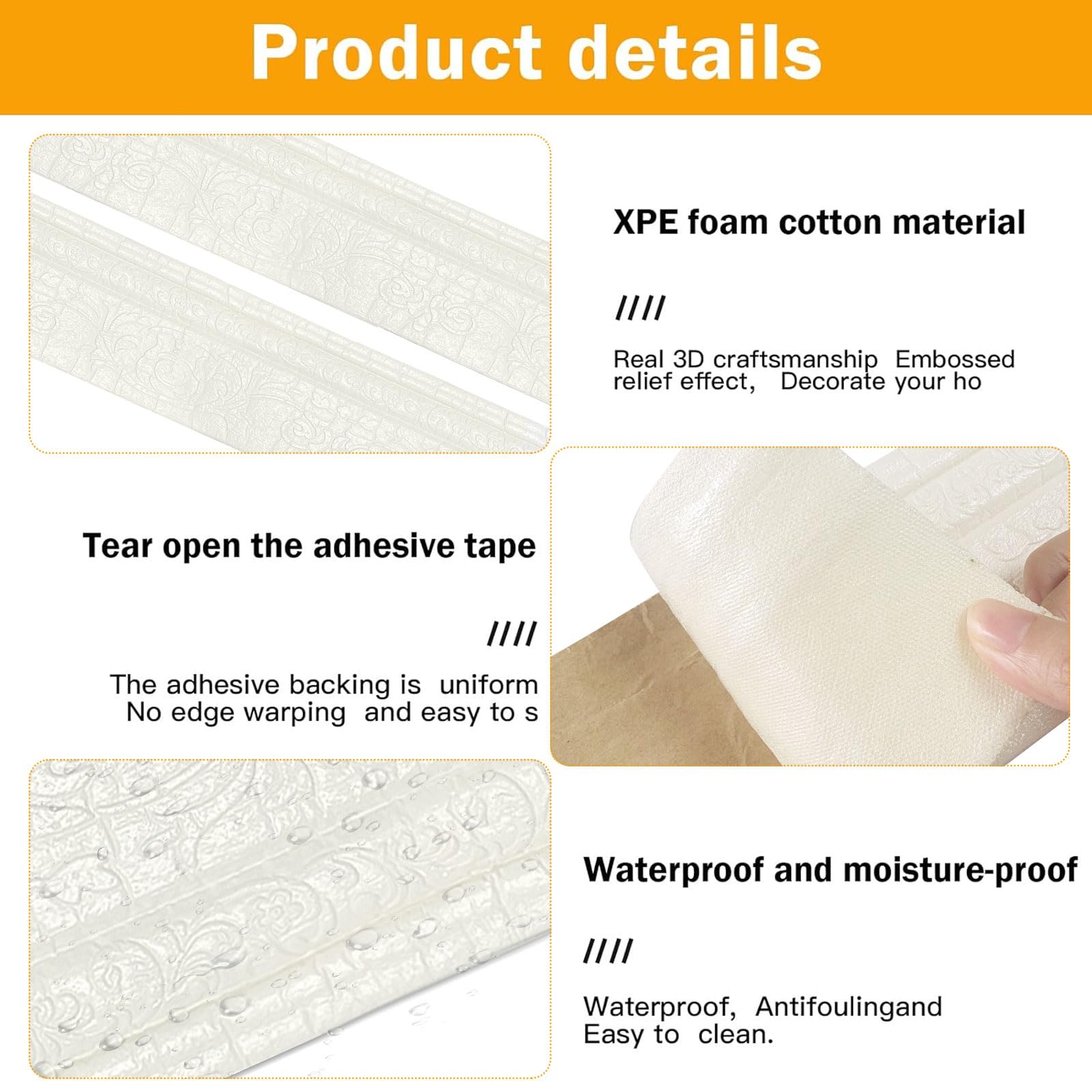 Moulures décoratives autocollantes blanches 10 m x 10 cm x 5 mm, bordure autocollante imperméable, moulures en stuc, bordure autocollante, blanche, convient pour les couloirs, les