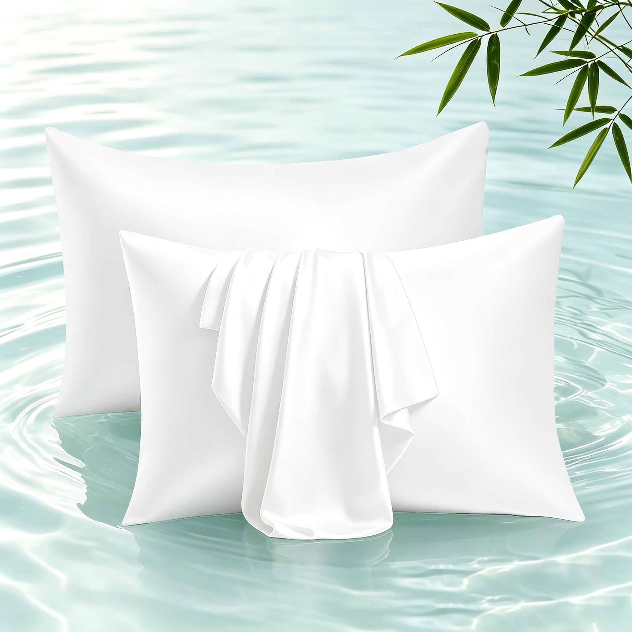 Juego de 4 protectores de almohada 100% bambú, tamaño estándar, fundas de almohada de satén refrescantes para cabello y piel, fundas de almohada transpirables y suaves con cremallera (blanco)