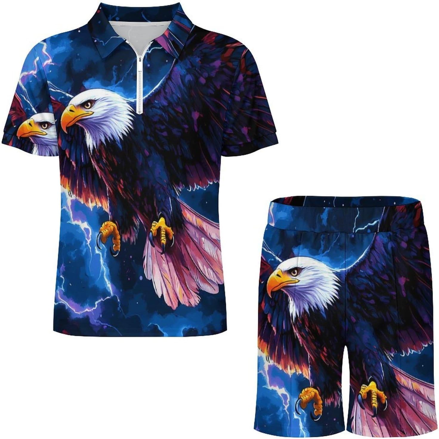 Flying Ea-gle Thunder Mens Polo Shirts Track Suits 2 Piece Short Sleeve Sweatsuit 1/4 Zip Golf Loungewear for Sports