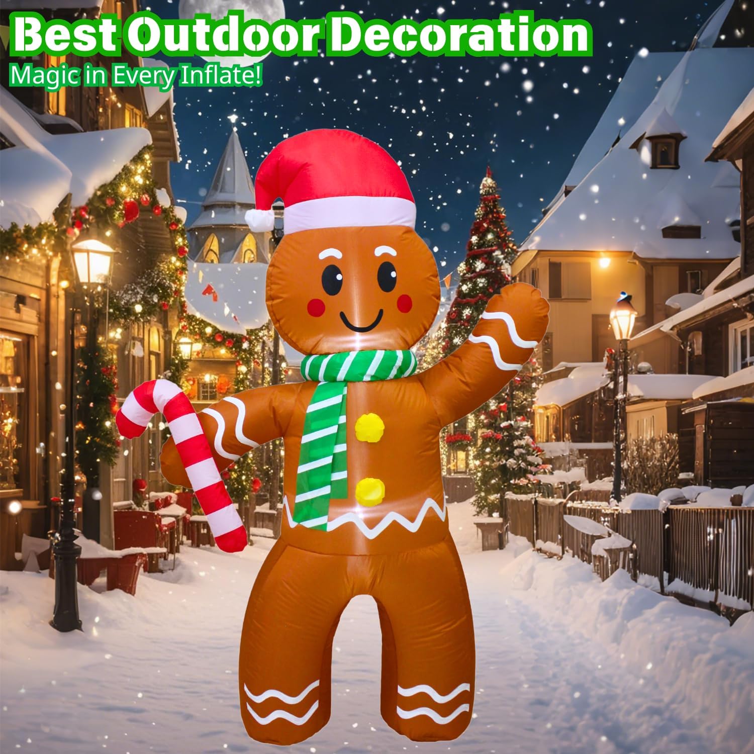 PTS 5FT Inflatable Gingerbread Man Outdoor Decoration, Christmas Blow Up Yard Decorations, Built-in LED Lights Inflatables Xmas Holiday Funny Decor for Indoor Lawn Garden - Image 2