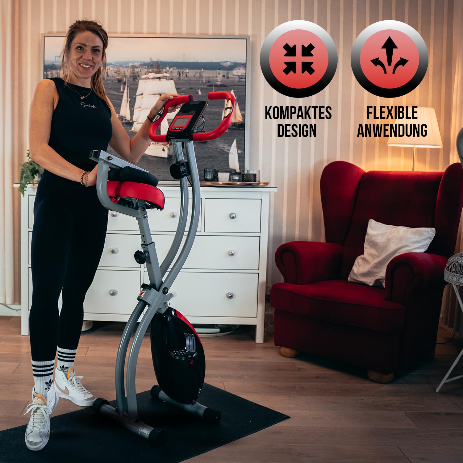 Senioren Heimtrainer, faltbarer Fahrradtrainer, Heimtrainer, Fitnessfahrrad LCD Trainingscomputer, klappbarer Hometrainer, inklusive Pulsmessung, 8 Widerstandsstufen