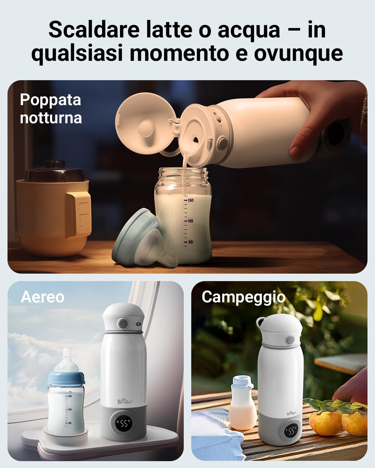 Bear Scaldabiberon portatile, scaldabiberon elettrico a riscaldamento rapido senza BPA, grande capacità di 500 ml per latte materno e acqua, per auto, campeggio e viaggi