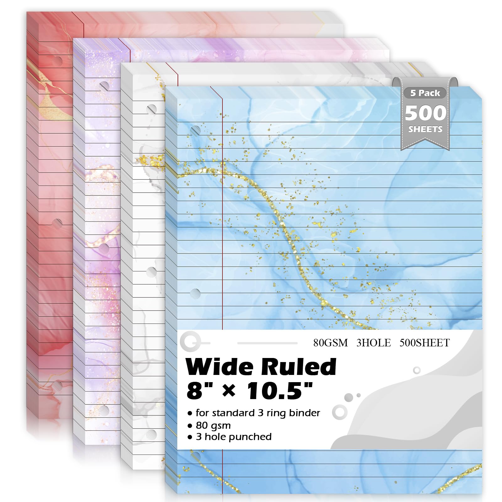 500 Sheets 8×10.5 Inch Colored Loose Leaf Paper Wide Ruled for 3-Ring Binder 11/32" Spacing Colored Marble Lined Filler Notebook Paper Wide Ruled 3-Hole Punched 80gsm for School Office