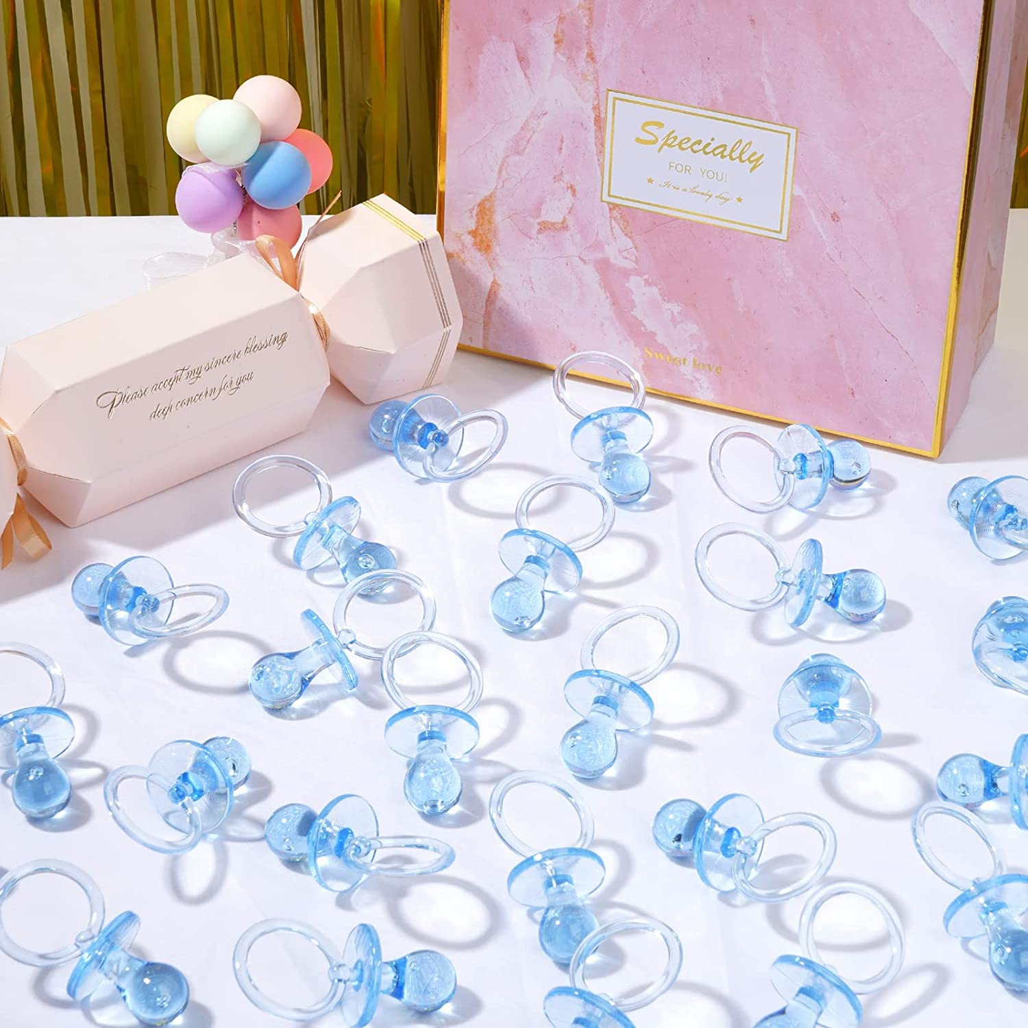 100 chupetes de plástico de 2.75 pulgadas para baby shower, chupete de baby shower, decoración de fiesta de espectáculo de género, regalo de fiesta de cumpleaños (azul)