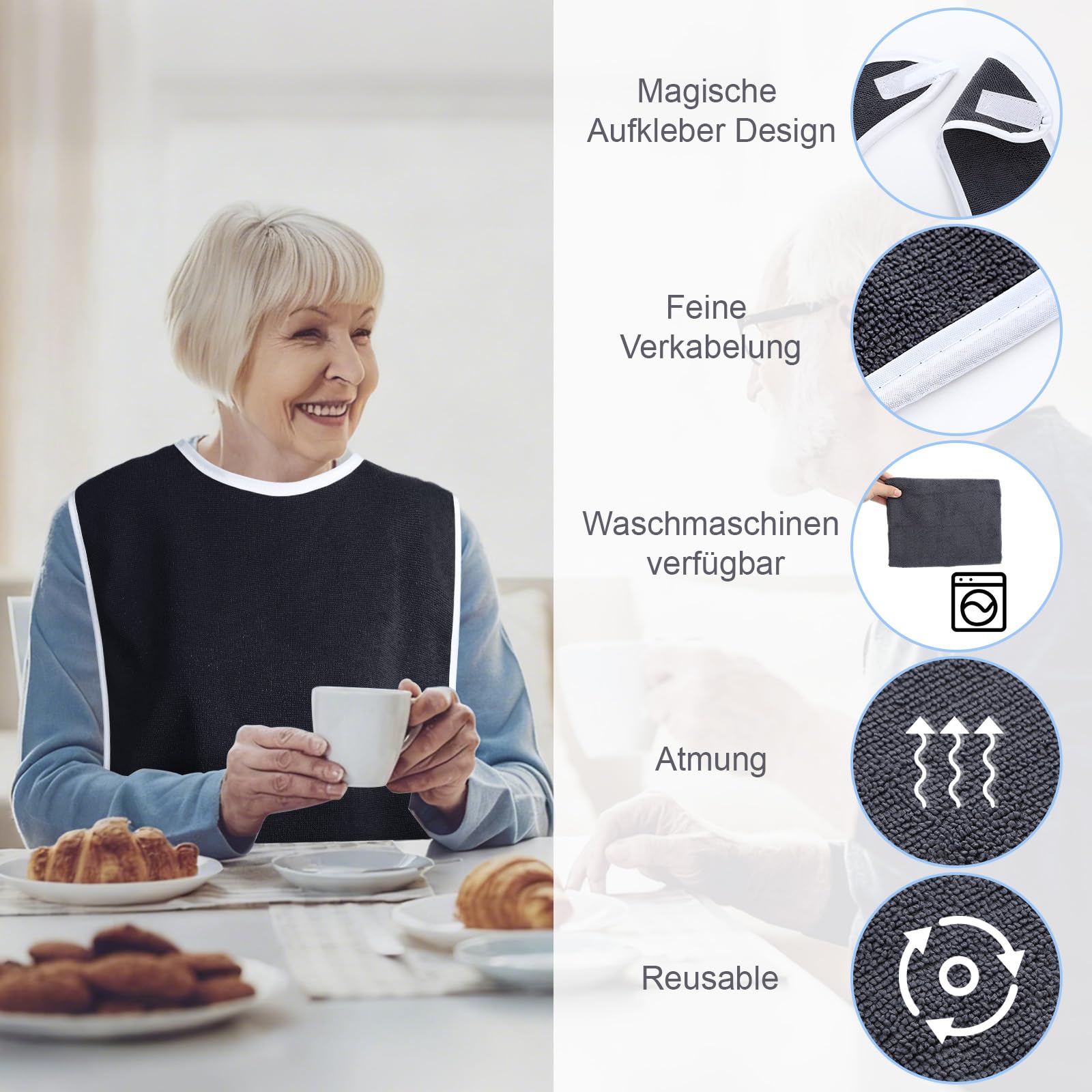 5 sztuk śliniaków dla dorosłych, ochrona odzieży z zapięciem na rzepy, nadaje się do prania, fartuch do jedzenia, regulowany, dla mężczyzn, kobiet, dorosłych, osób starszych i
