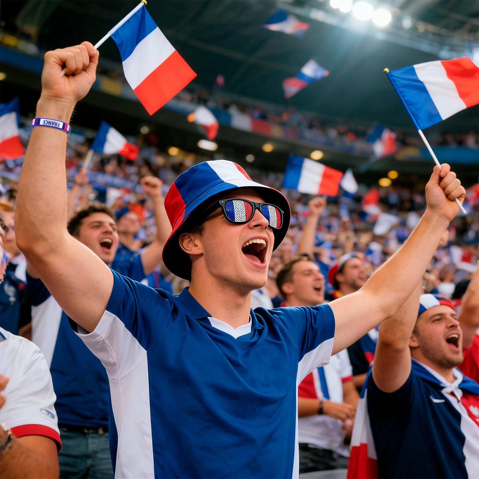 Kit Supporter France pour Grand Événement Football - Accessoires Football 6 Pièces incluant Chapeau de pêcheur Polyester, Lunettes Drapeau, 3 Pavillons à Main et Bracelet Tricolore pour Fan de Foot
