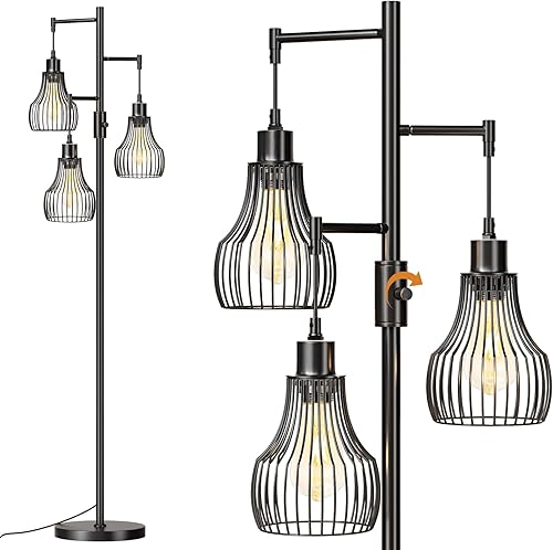 Miniatura 8 de Lámpara de pie regulable, 3 bombillas LED Edison de 800 lm incluidas, lámpara de pie industrial de granja con lámpara de árbol de pie con elegante