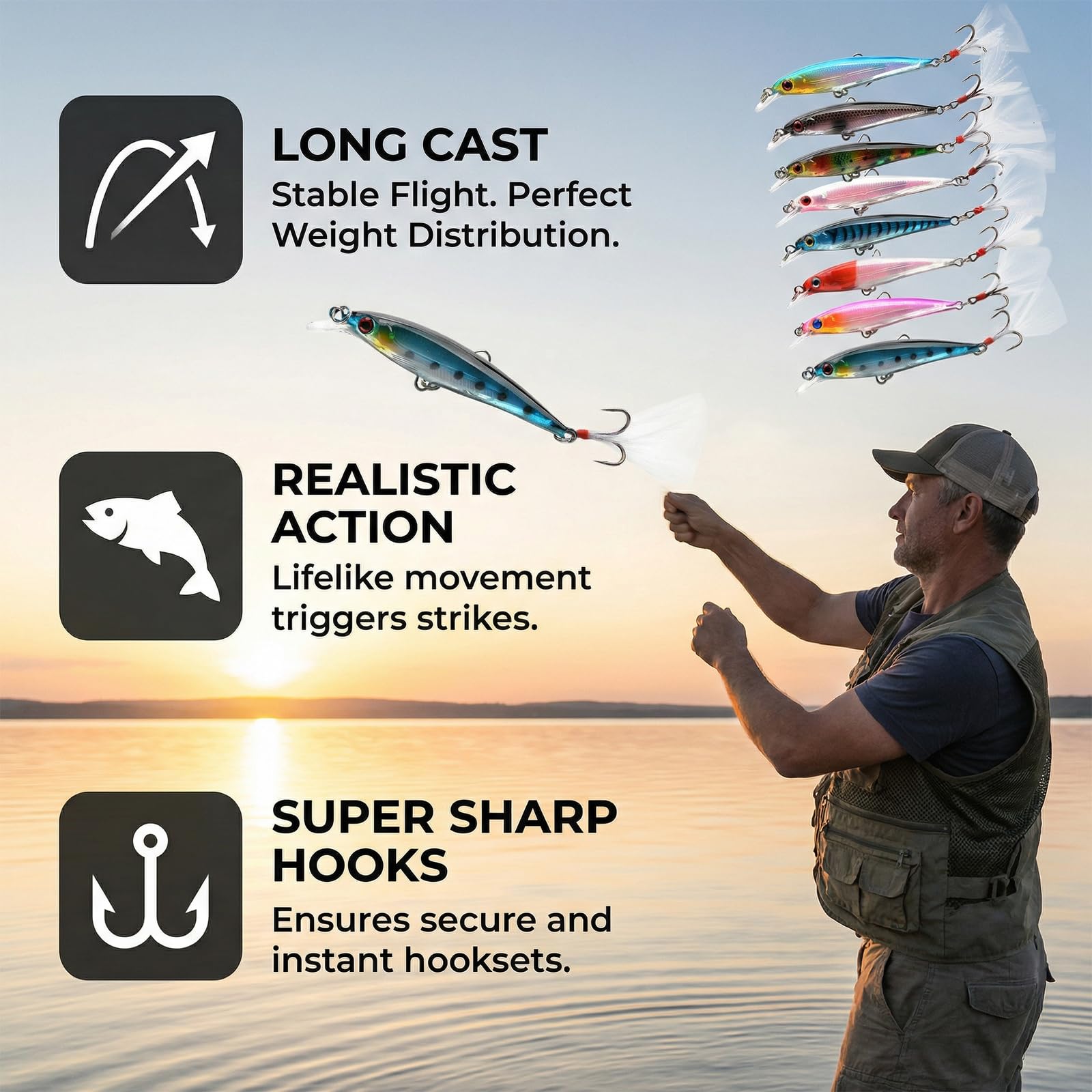 Kit de Señuelos de Pesca con Caja – 8 Piezas Señuelos Spinning Artificiales 3D Realistas para Trucha, Lubina, Perca y Black Bass – Accesorios para Pesca en Agua Dulce y Salada — view 6