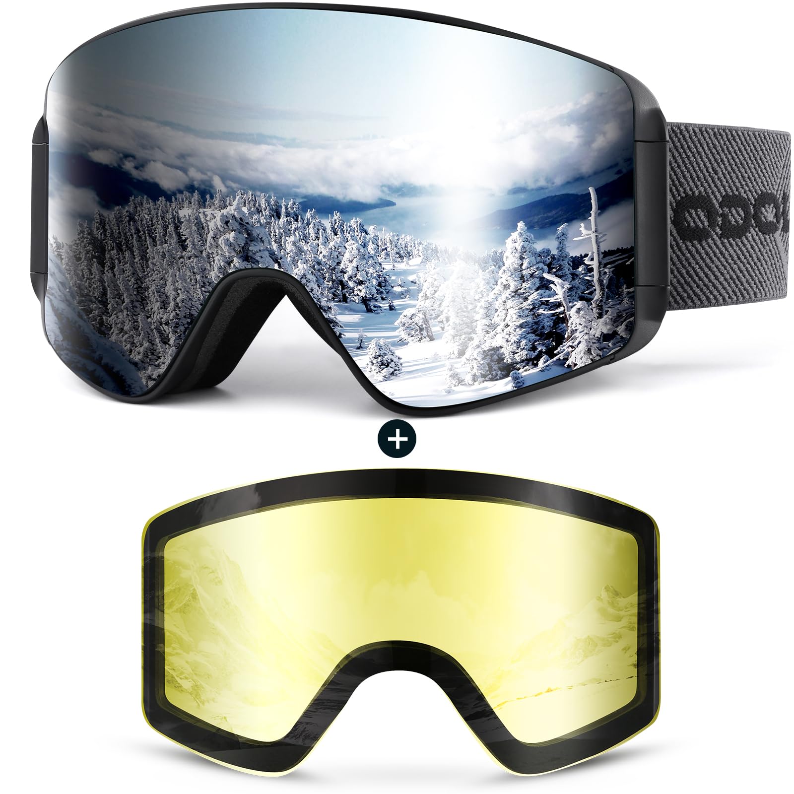 Odoland Kit di Maschera da sci con Lente Rimovibile, Lenti Intercambiabili Magnetico Senza Cornice, Occhiali da Sci Anti-nebbia con Protezione UV400, per Uomini e Donne, Compatibile con Casco