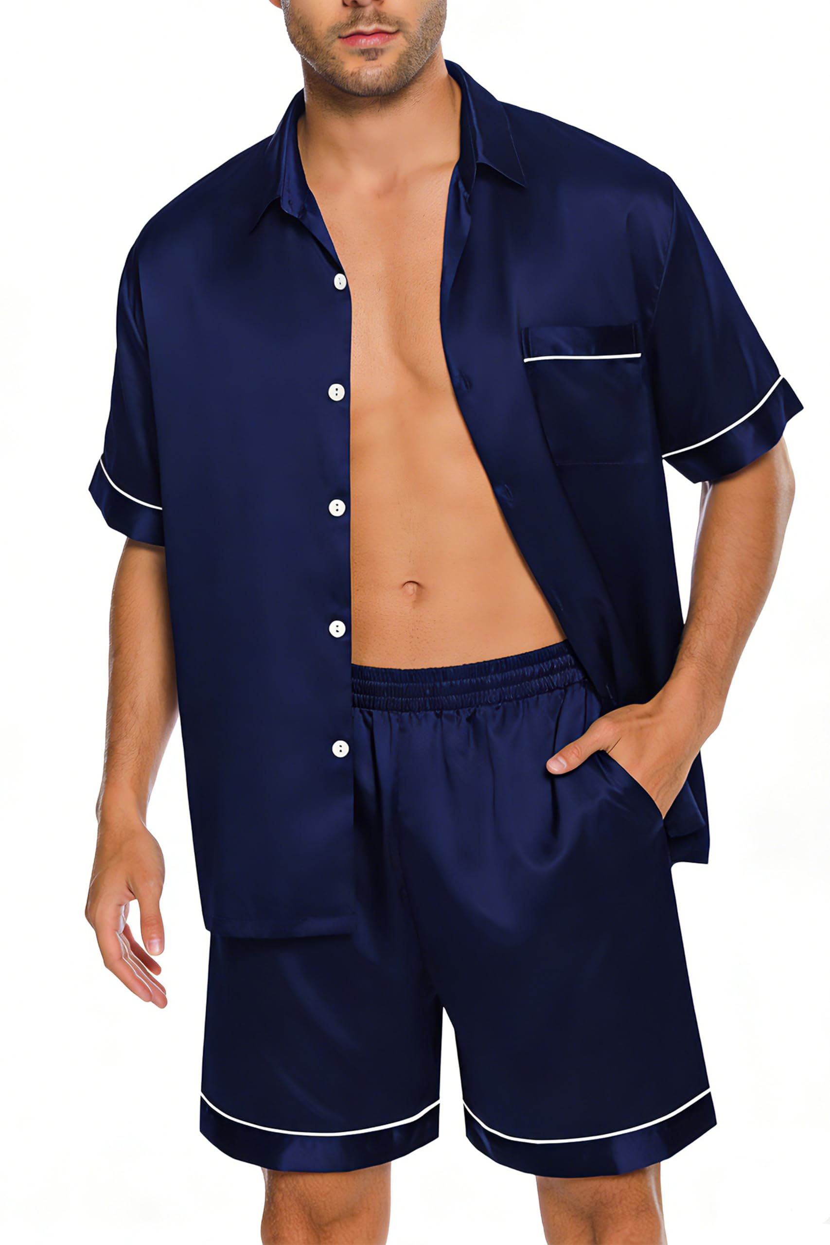 SWOMOG Men Silk Satin Pajamas Short Sleeve Pjs Set Button Down Sleepwear Soft Lounge Set Nightwear with Pockets