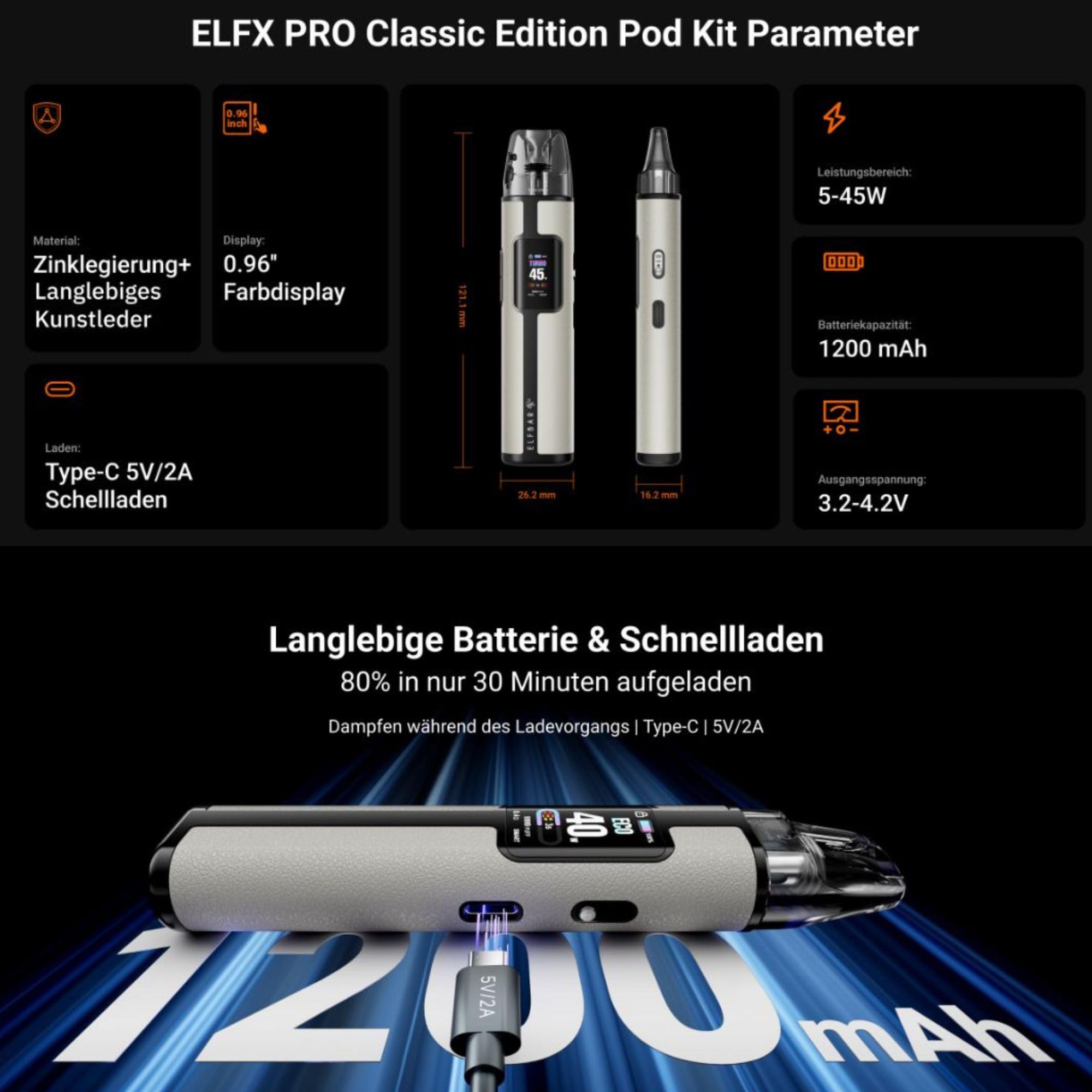 ElfX Pro Pod Kit, 1200 mAh Akkutrger Elfbar Pod Mod, nachfllbares  Kunstleder Basisgert, LED Display, 2 Dampfmodi, TypeC Ladelkabel, Dual  Mesh, Nikotinfrei ohne Eliquid, Cowboy Braun + 0,6  Pods: Amazon.de:  Elektronik & Foto