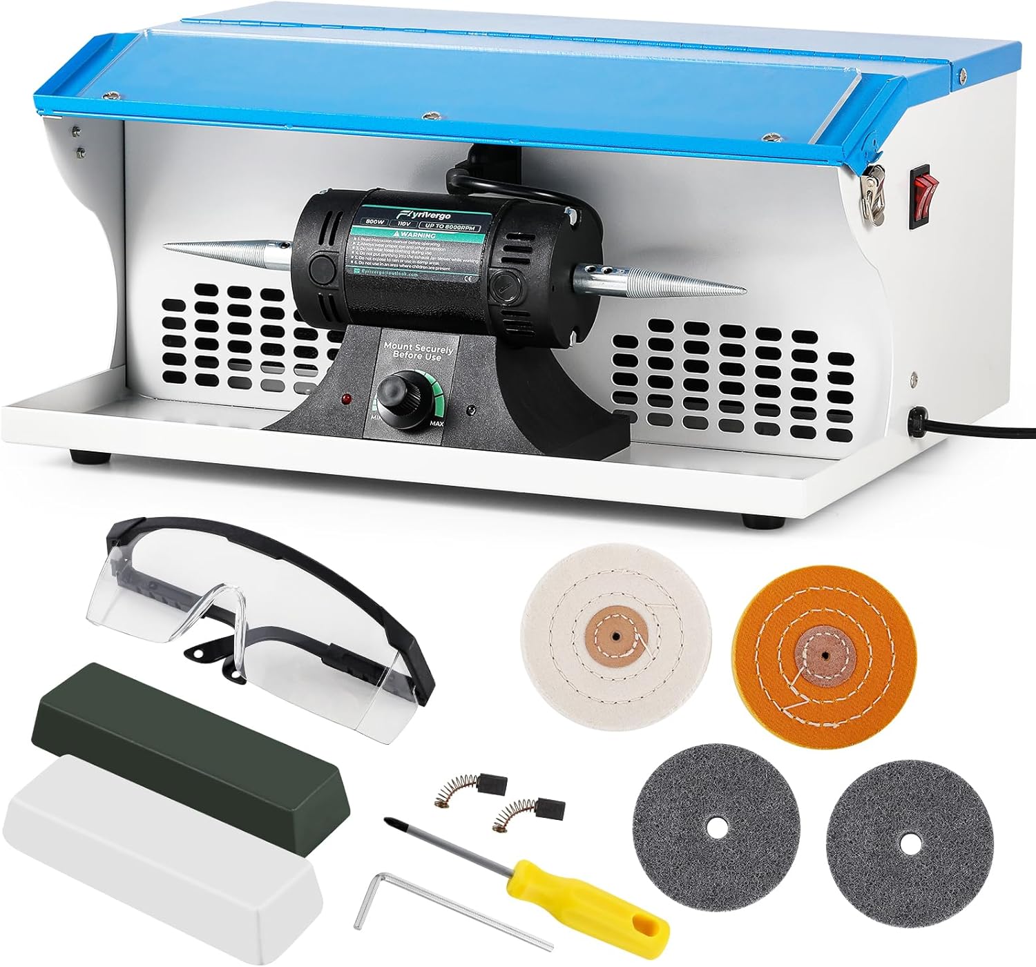 800W Jewelry Polishing Machine, Bench Buffer Polisher 110V Variable Speed Jewelry Polisher Machine with Dust Collector, Exhaust Fan Blower, Work Light and Motor Housing