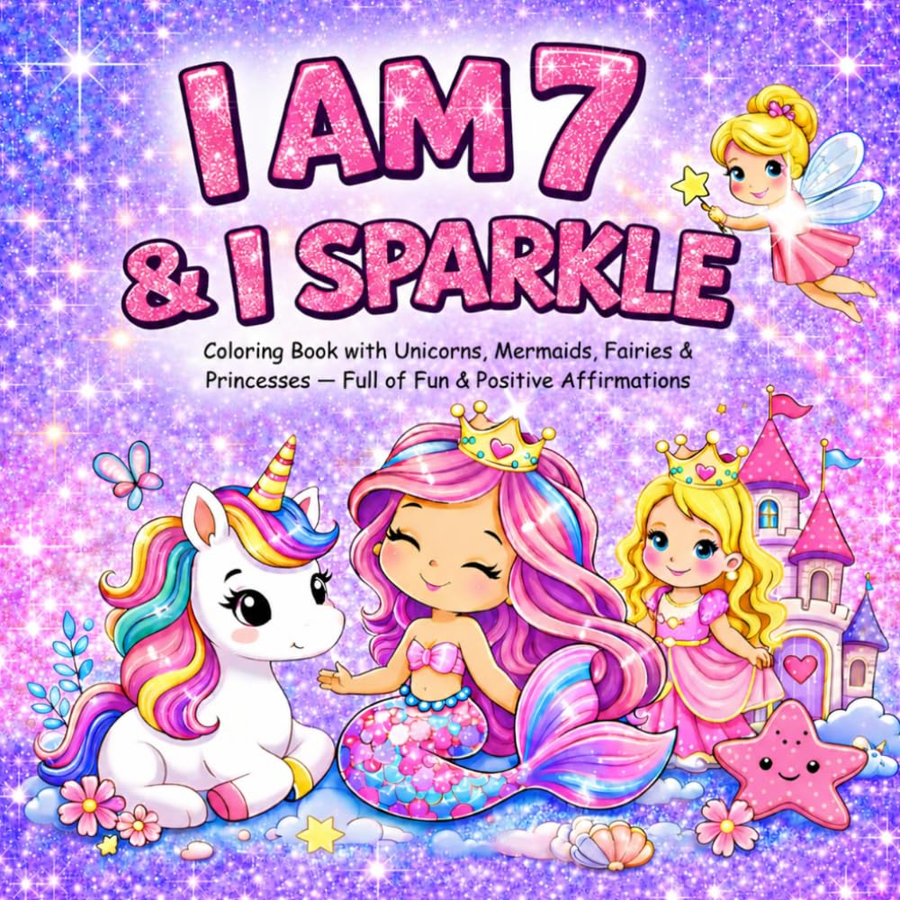 I am 7 and I Sparkle : Coloring Book With Unicorns , Mermaids , Fairies & Princesses Full of Fun & Positive Affirmations: Christmas Valentine Easter Birthday Gifts for Seven Year Old Girl