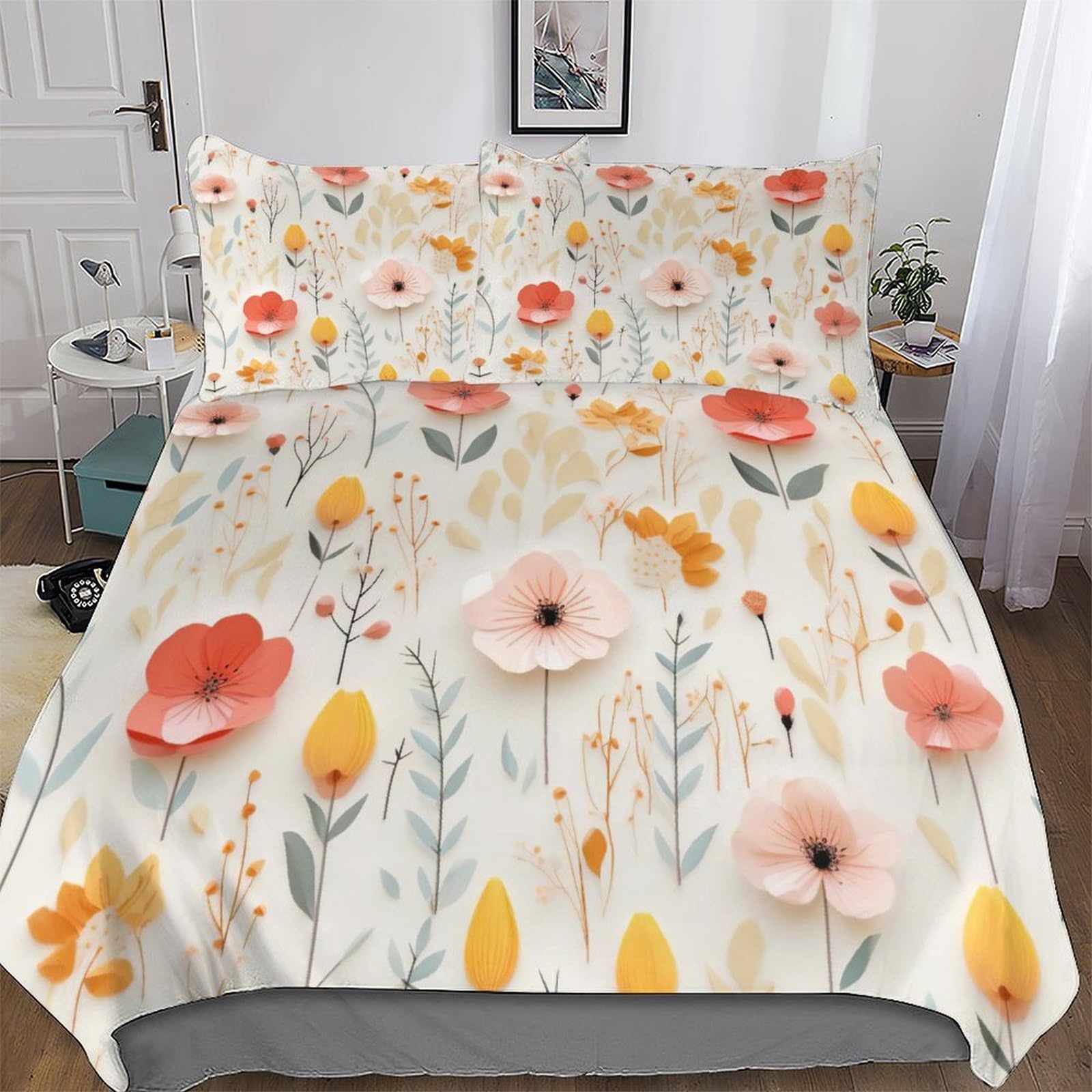 Parure de lit king size motif floral en microfibre haut de gamme respirante toutes saisons