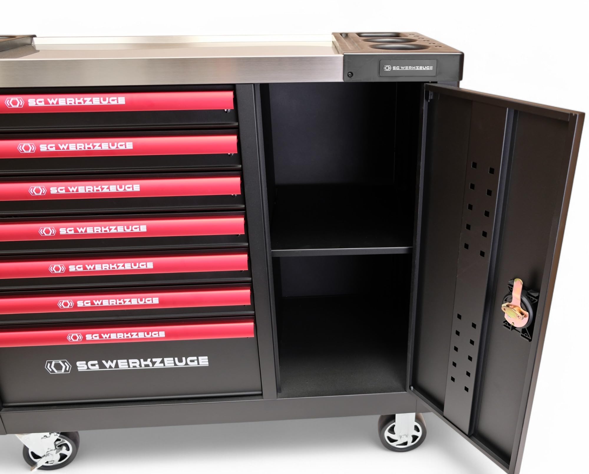 Chariot à outils XXL rempli de 7 tiroirs | Servante d'atelier de voiture avec insert aspect carbone | Boîte à outils de voiture équipée Red Black Edition