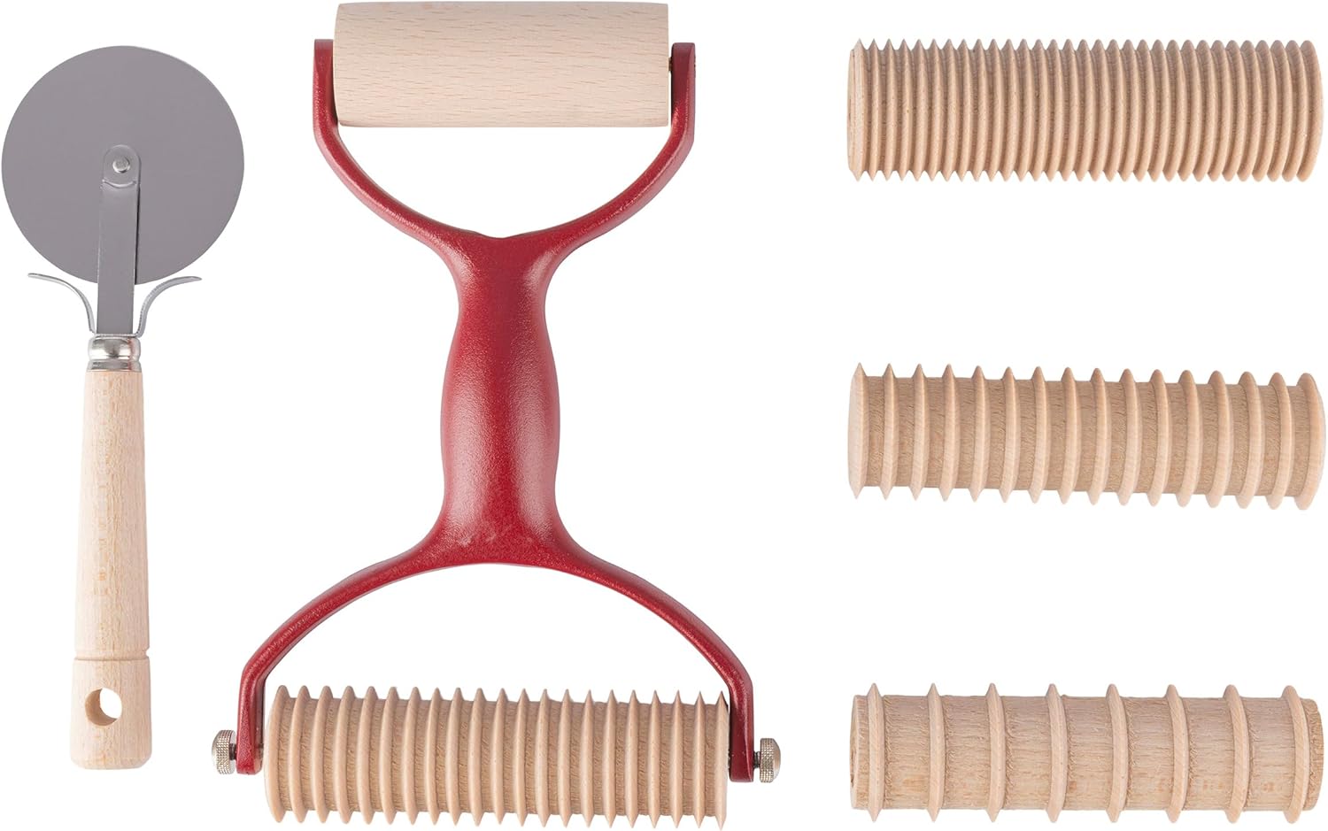 7 Pcs Pasta Making Tools - Kitchen Set with Handle, Pasta Cutter, Small Rolling Pin, and 4 Grooved Rollers for Spaghetti, Fettucine, Tagliatelle, and Pappardelle - Made in Italy by Classic Cuisine