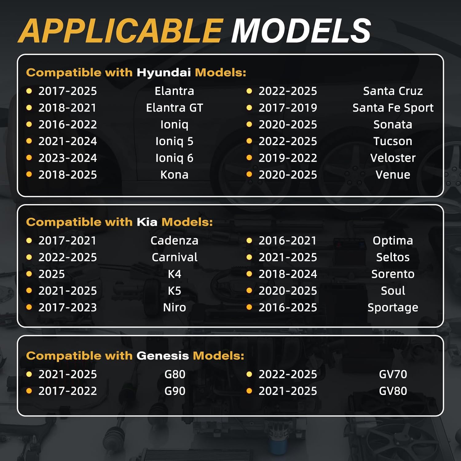 Table showing compatible Hyundai, Kia, and Genesis vehicle models and years for the TPMS sensors.