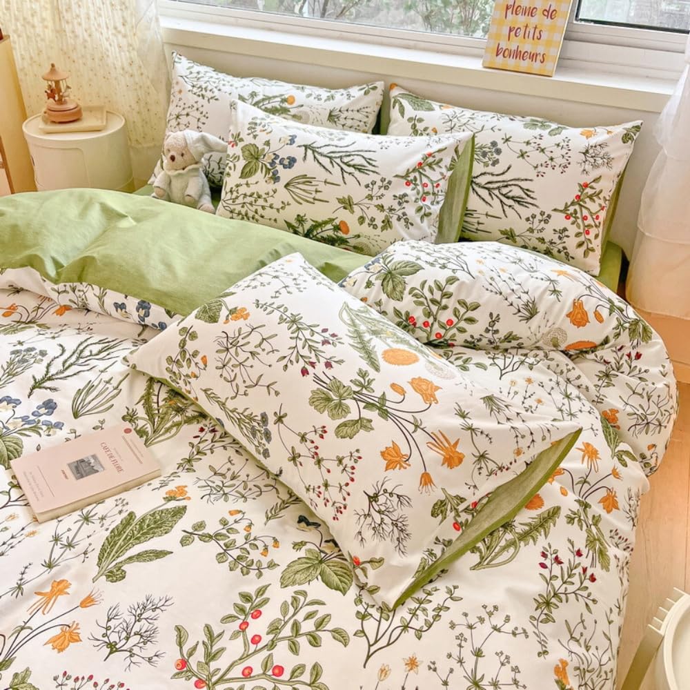 Nayoroom Bettwäsche 135x200 Baumwolle Grün Blumen Blätter Bunt Bettbezug | Frühling,Mädchen,100% Baumwoll,Deckenbezug,Aesthetic,ÖKO-TEX,Landhausstil,Wende,Kissenbezug 80x80 cm,Reißverschluss,2teilig