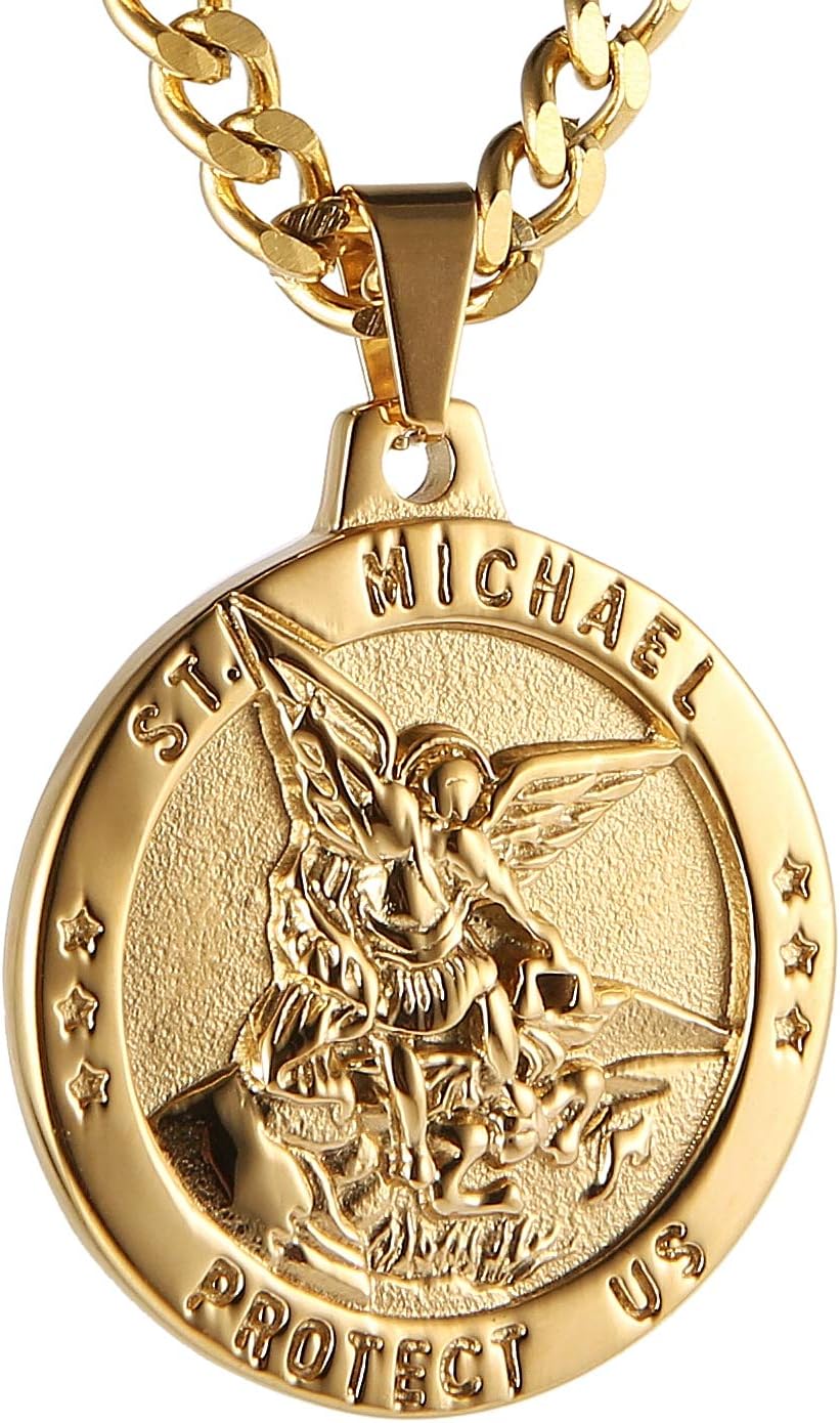 – Saint Michael Necklace for Men Stainless Steel Retro Archangel Round Medal Pendant Necklace Jewelry Gift