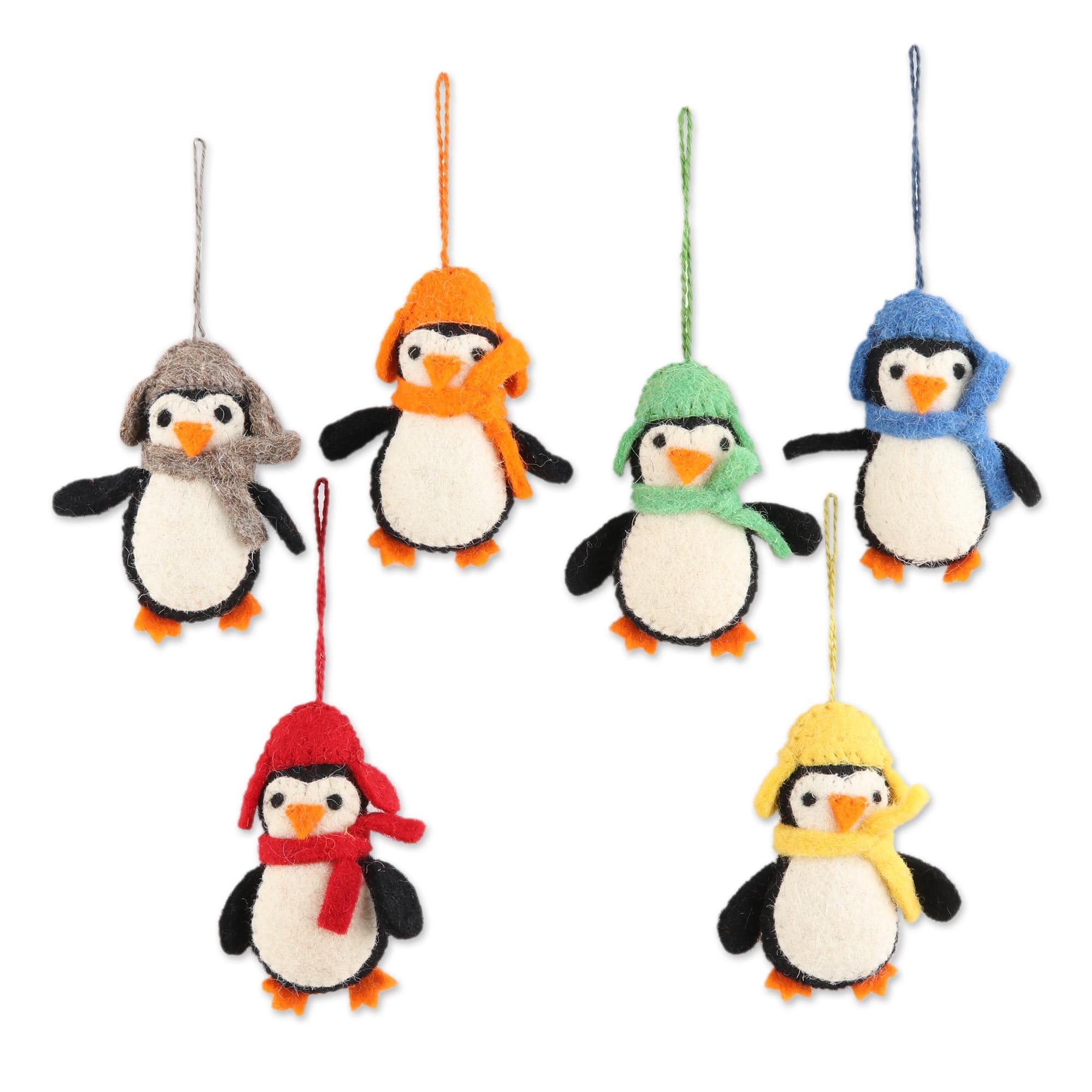 NOVICA Handmade Wool Felt Ornaments | Felted Penguin | Artisan Crafted Soft Hanging Wool Penguins | Animal Themed | Christmas Bird | Multicolor Home Decor | Polyester Pouch | 'Cozy Penguins' Set of 6