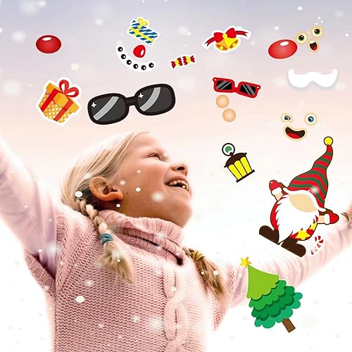Miniatura 5 de 24 hojas de calcomanías para juegos de fiesta de Navidad, haz tu propio gnomo, hombre de jengibre, muñeco de nieve, cara de reno, calcomanías de