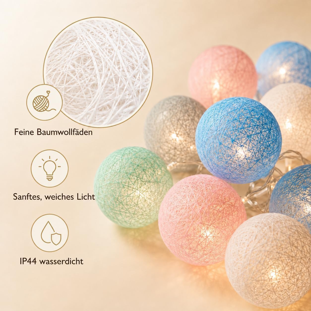 LED Lichterkette Baumwollkugeln Batteriebetrieben, 3,3m 20er Cotton Ball Lichterketten Kugeln Nachtlicht für Weihnachten, Hochzeit, Party, Zimmer, Wohnheim, Innen Deko Beleuchtung