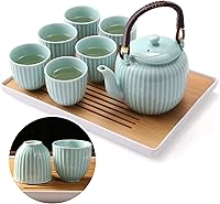Vista 1 de Dujust Japanese Tea Set, Cyan-blue Porcelain Tea Set with 1 Teapot Set, 6 Tea Cups, 1 Tea Tray, 1 Stainless Infuser, Asian Tea Sets for Adults/Tea