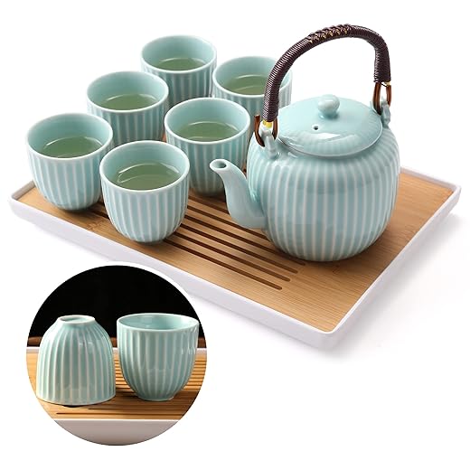 Dujust Japanese Tea Set, Cyan-blue Porcelain Tea Set with 1 Teapot Set, 6 Tea Cups, 1 Tea Tray, 1 Stainless Infuser, Asian Tea Sets for Adults/Tea Lover/Women/Men (Bamboo - Straight Grain Design)