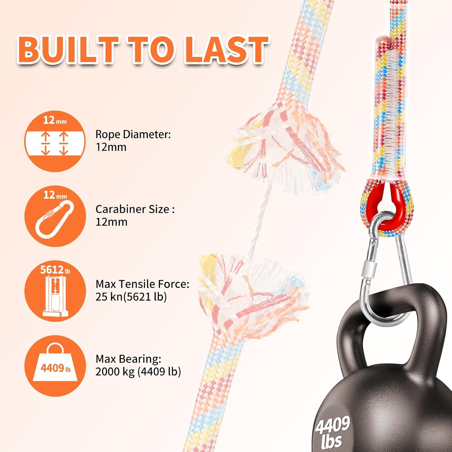 Tree Swing Ropes (Set of 2), 3FT/5FT/10FT/15FT/20FT, Tree Swing Straps Hanging Kit Holds 4400 lbs, Heavy Duty Carabiners for All Swing Hammock Playground Set Accessories (5 FT) 3