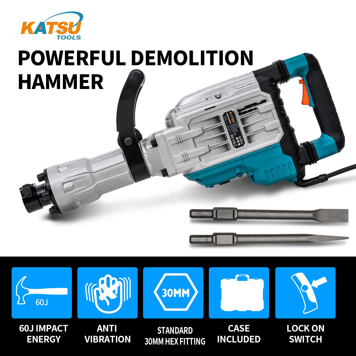 KATSU Tools Martillo Demoledor de 1700W, Fuerza de Impacto de 60J, 1900bpm, Antivibración, Mango Lateral Multiposición, Cinceles Puntero y Plano, Maletín de Transporte, Modelo 101107