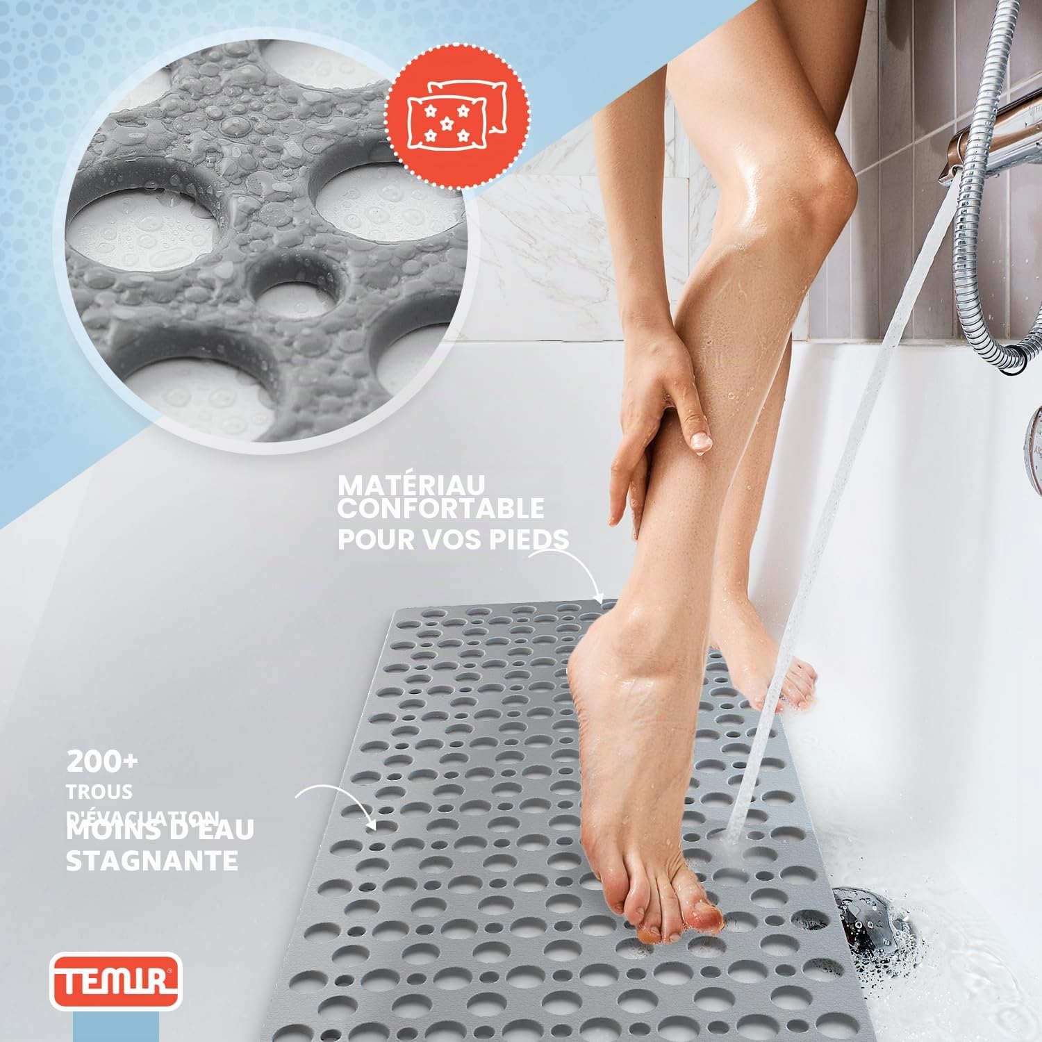 TEMIR Tapis de Bain antidérapant avec ventouses et Trous de Drainage, Doux et Lavable en Machine (43,2 x 73,7 cm)