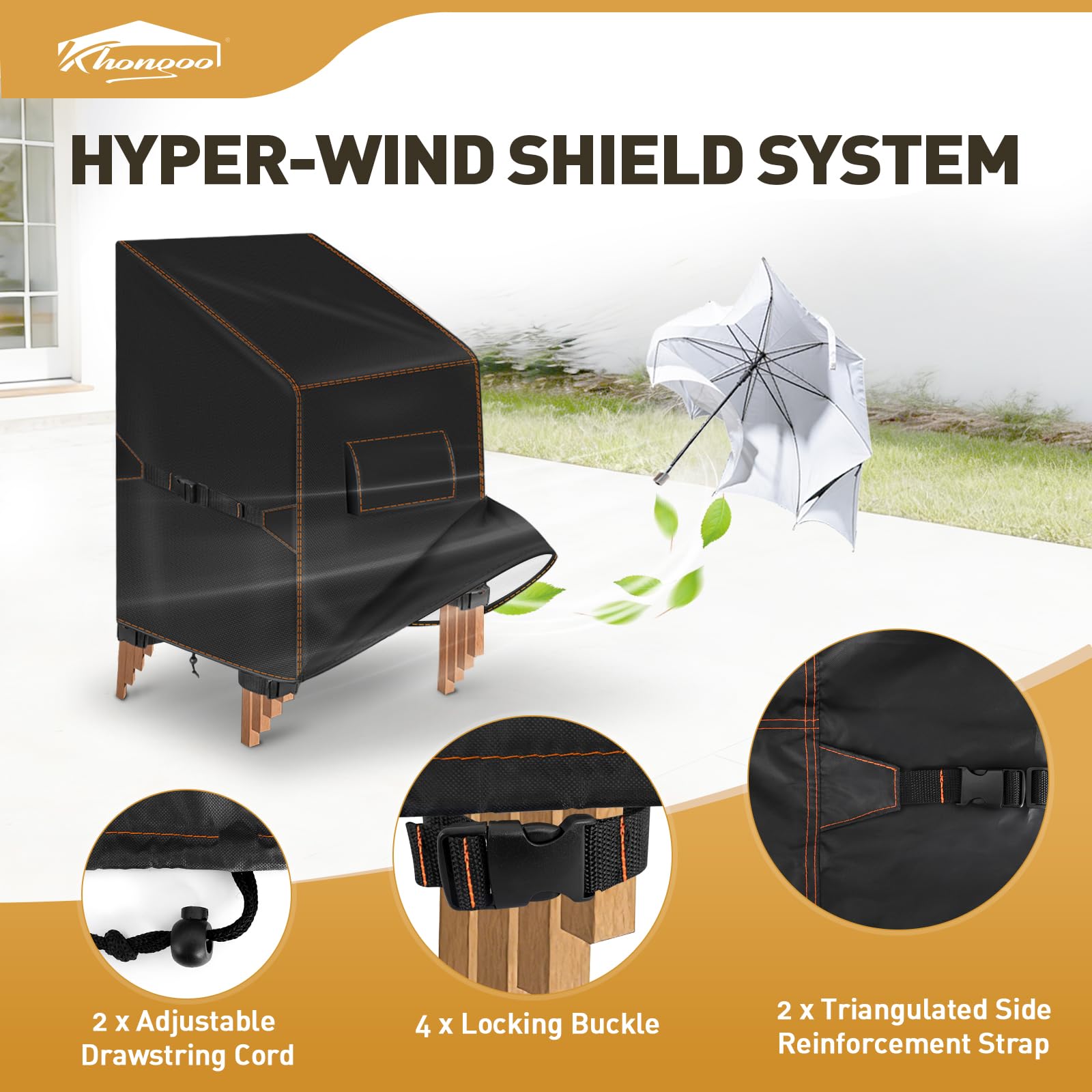 Lot de 2 Housses de Protection Imperméable pour Chaises de Jardin Empilables, 64x64x70/120 cm en Tissu Oxford 420D, Anti-UV Chaise Jardin Extérieur avec Aération, Housse Anti-Vent pour Balcon, Noir