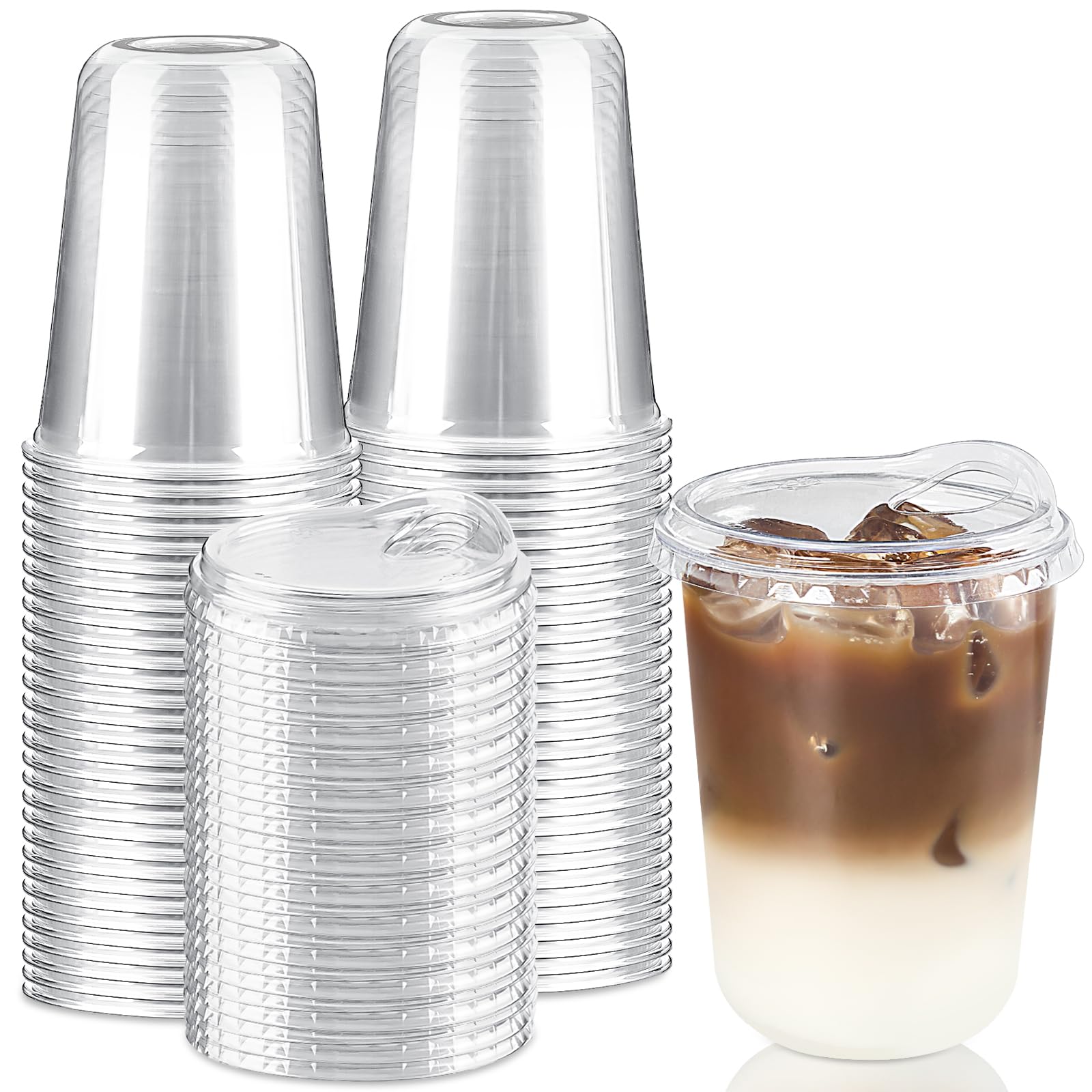 Photo 1 of 16 oz Round Bottom Clear Plastic Cups with Strawless Sip Lids, 50 Pack