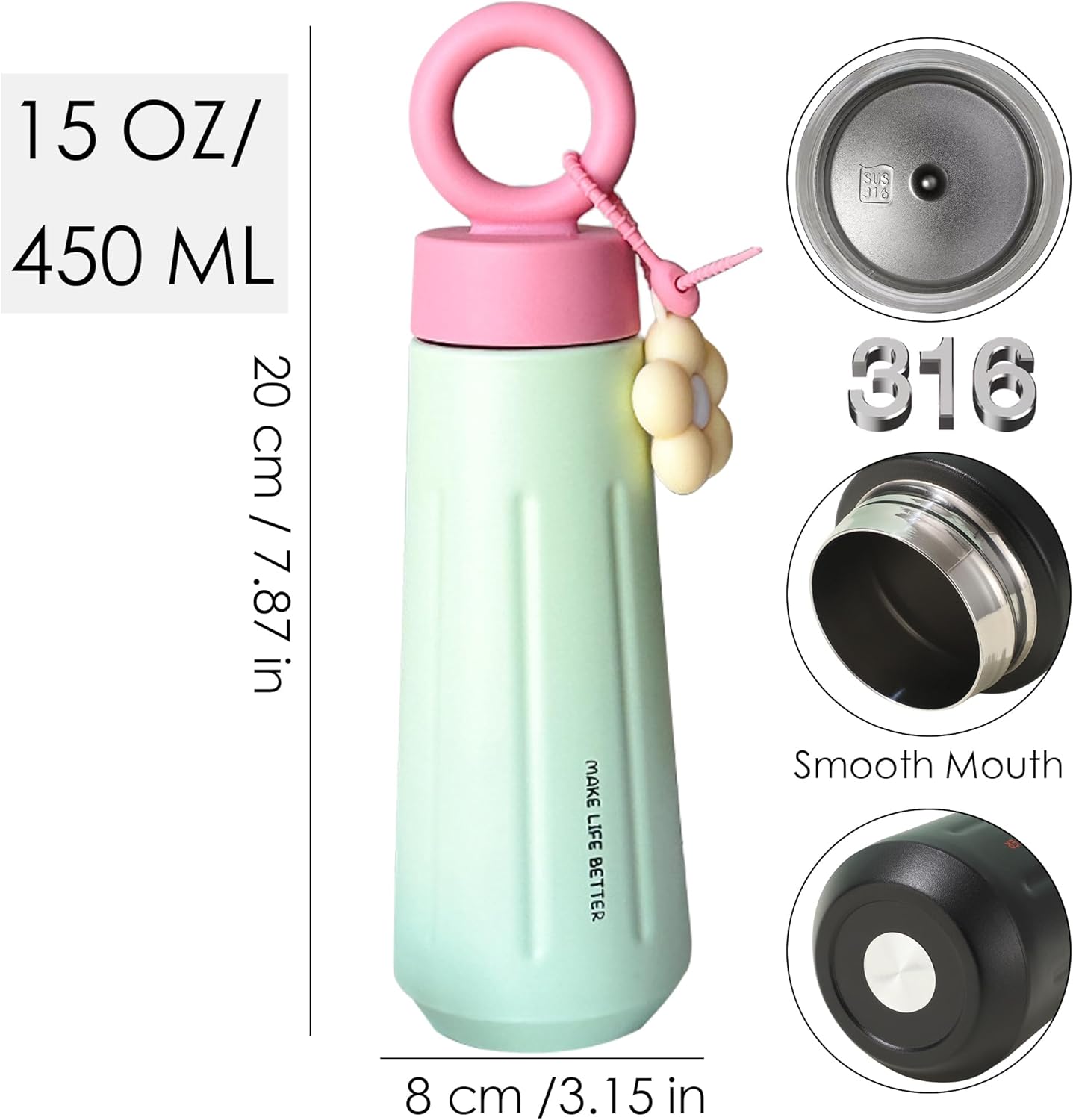 15 OZ Green Travel Coffee Mug F lower Insulated Reusable Coffee Cup with Lid Spill Proof Stainless Steel Coffee Mug For Hot and Iced Cold Drinks - Image 2