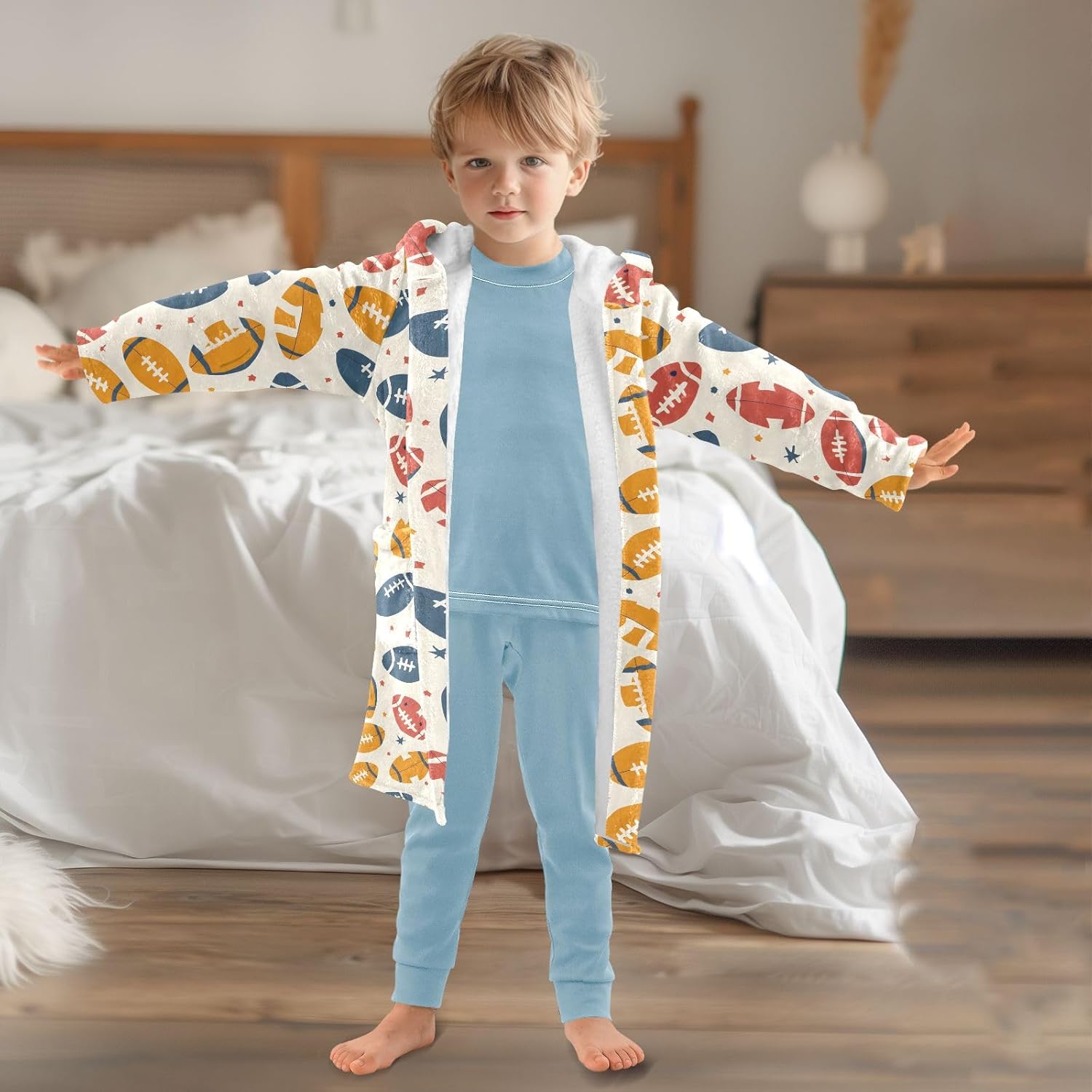 Seamless Rugby Toddler Hooded Bathrobe for Boys Girls Soft Plush Bath Towel Robe 2-12 Years