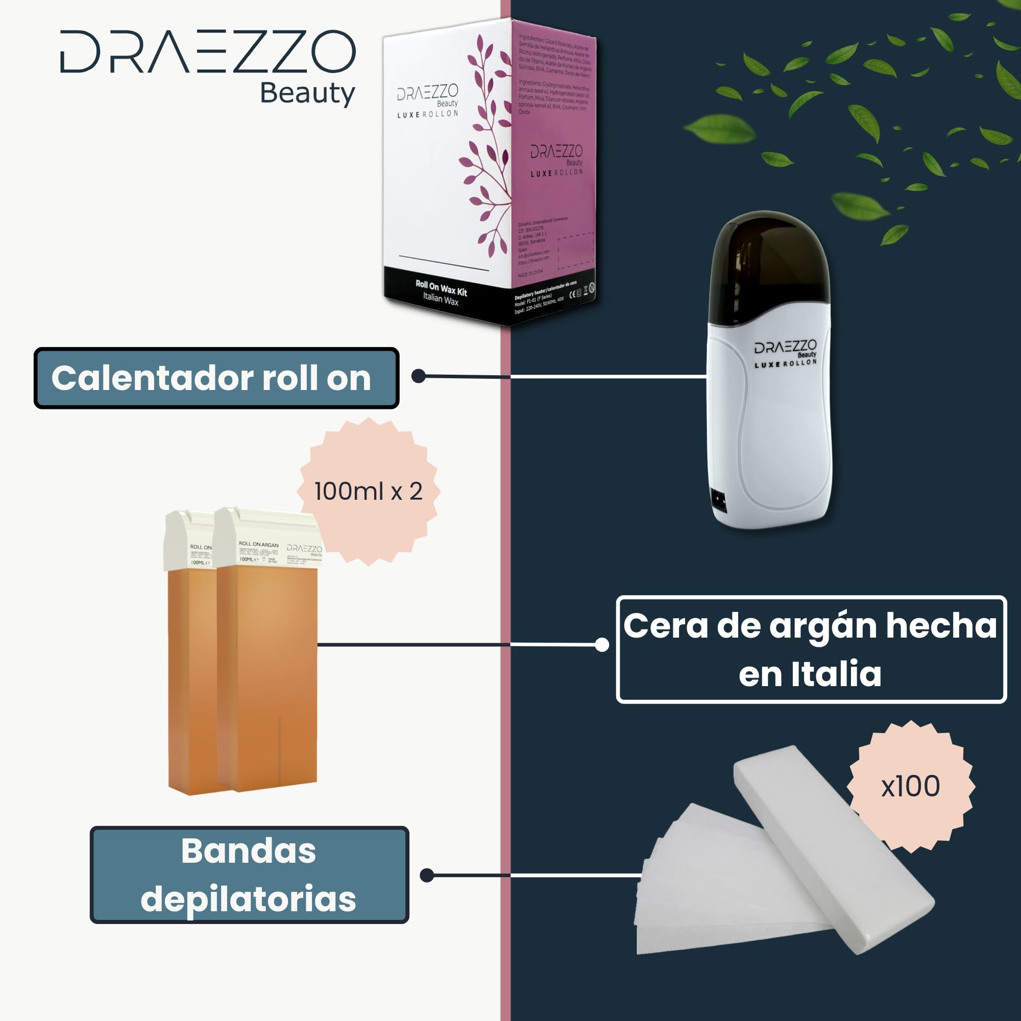 Cera Depilatoria Roll On Kit. Calentador Cera Roll On + 2 Cartuchos Roll On Cera Depilatoria + 100 Bandas Depilatorias. Descubre los beneficios del argán. Luxe RollOn