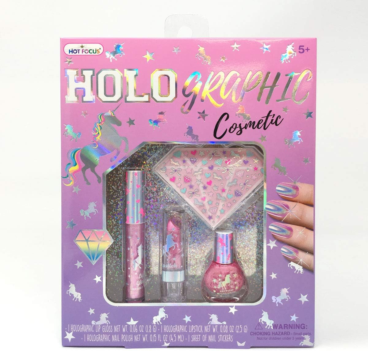 Hot Focus Holographic/ Iridescent Effect Cosmetic Set, Unicorn â€“ 1 Nail Polish, 1 Lip Gloss, 1 Lipstick. Water-Based Non-Toxic Peel Off Nail Polish