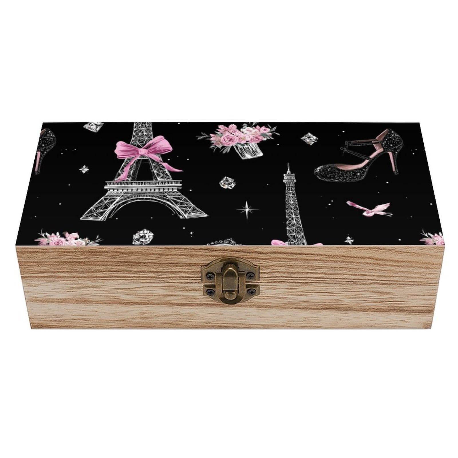 HLBSDM Eiffel Tower Paris City Wooden Box with Hinged Lid Decorative Storage Case Container